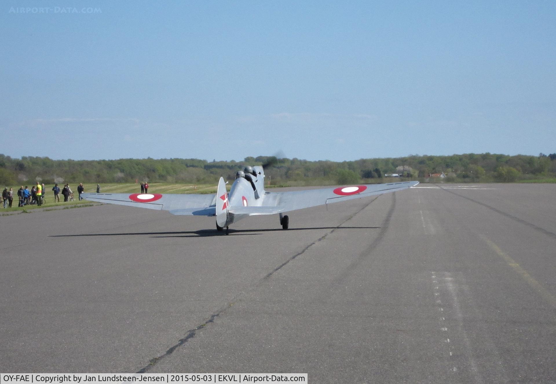 OY-FAE, 1946 SAI KZ IIT Traener C/N 119, Ex Danish Air Force KZ IIT OY-FAE lined up for takeoff on Runway 10 at the former Vaerloese Air Base in Denmark. KZ IIT is a Danish designed and built aircraft. 15 were used as trainers by Danish Air Force 1946-1955.
