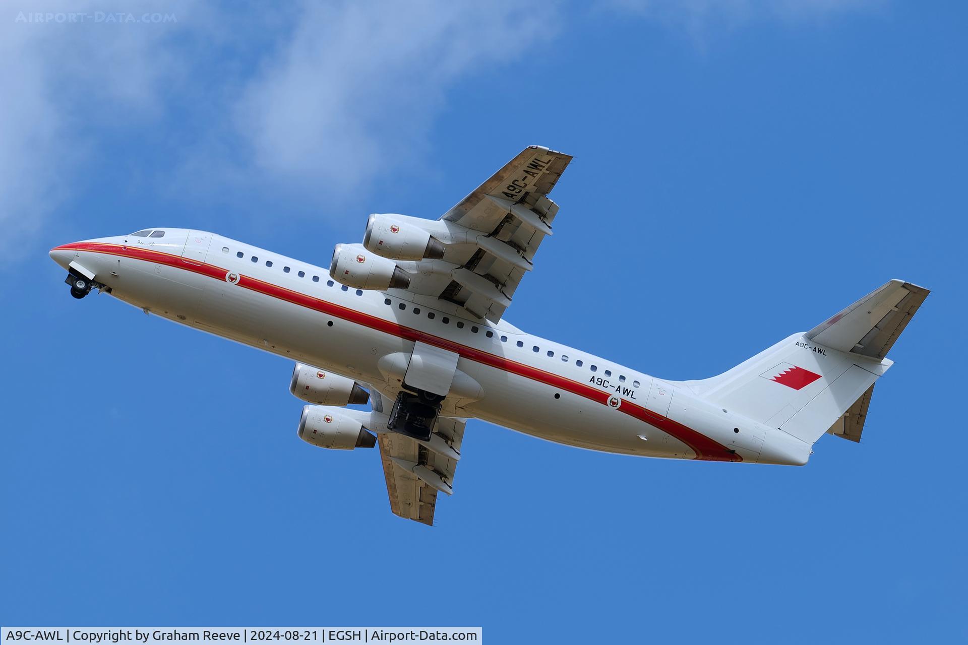 A9C-AWL, 2001 British Aerospace Avro 146-RJ100 C/N E3386, Departing from Norwich.