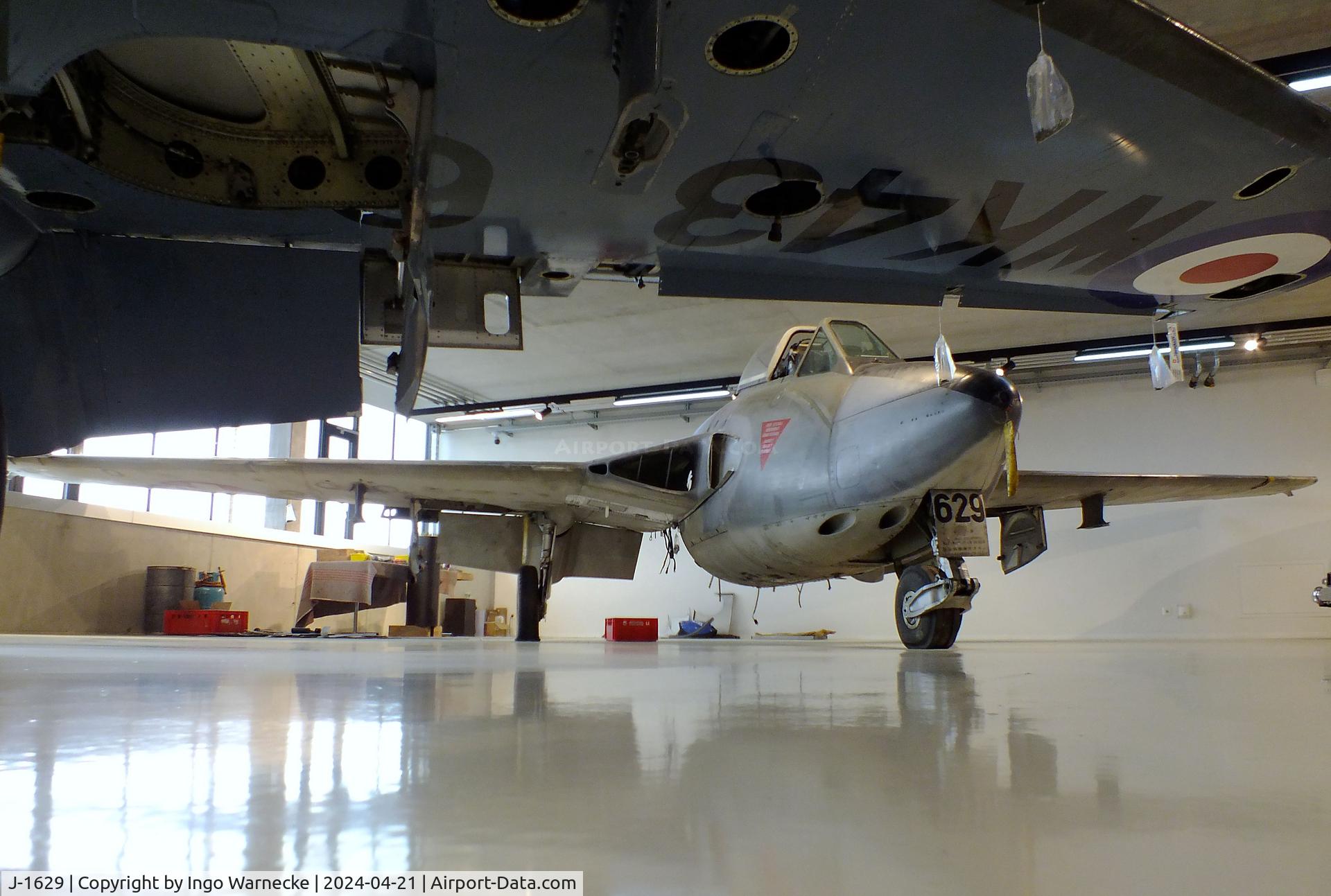 J-1629, De Havilland (F+W Emmen) DH-112 Venom FB.50 C/N 839, De Havilland (F+W Emmen) D.H.112 Venom FB50 (tail booms and aft fuselage dismounted) at the FFA-Museum, Altenrhein