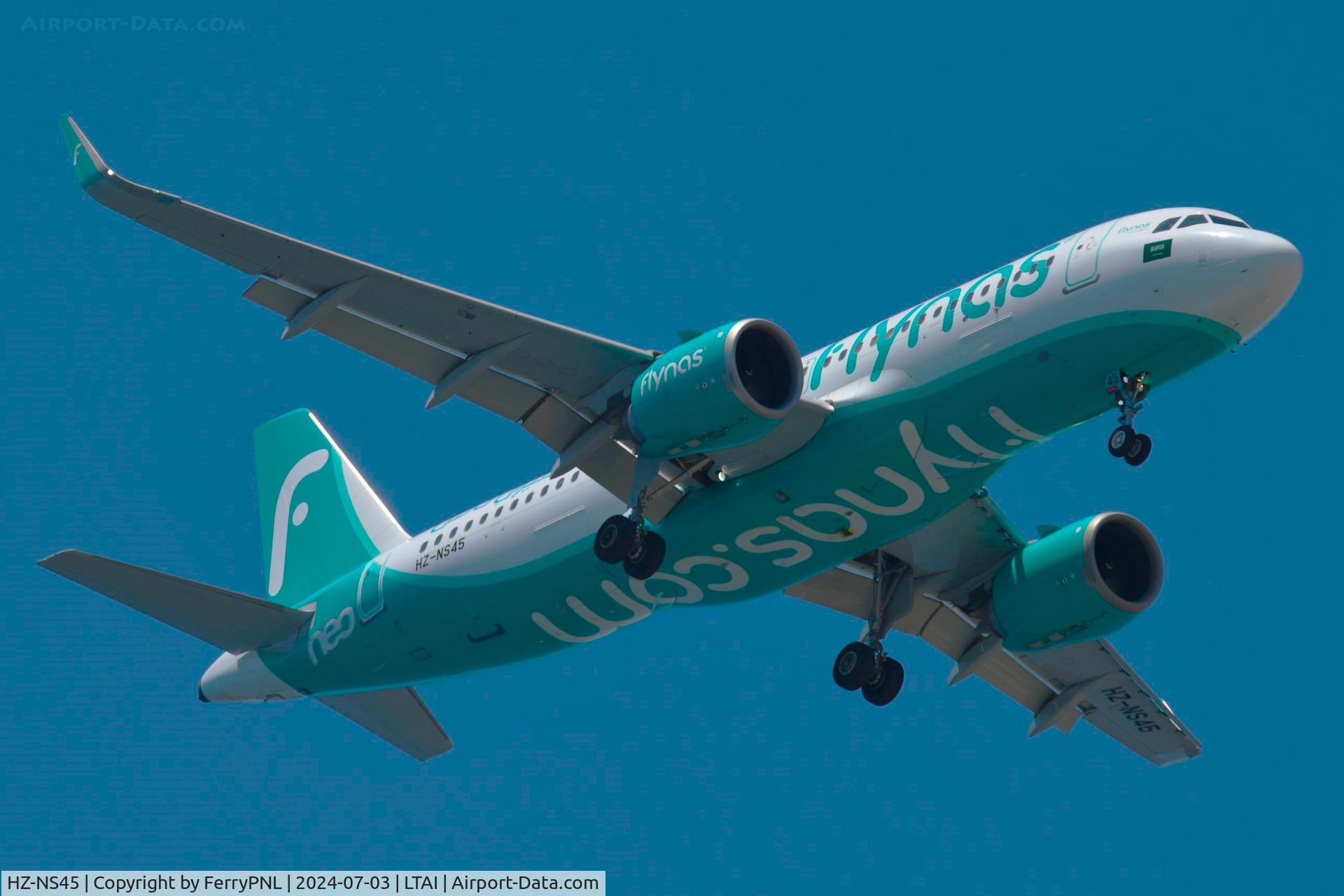 HZ-NS45, 2021 Airbus A320-251N C/N 10442, Flynas A320N passing the coast line in AYT