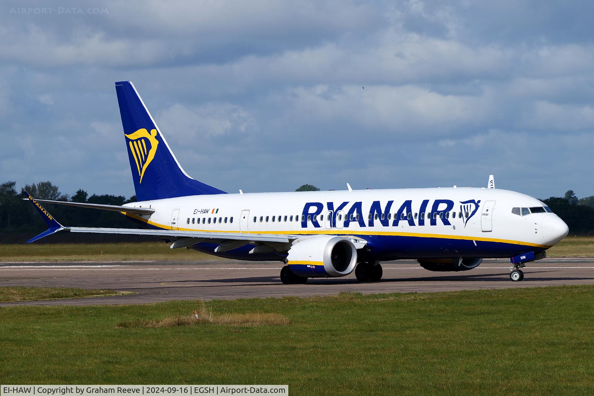 EI-HAW, 2019 Boeing 737-8-200 MAX C/N 65078, Departing from Norwich,
