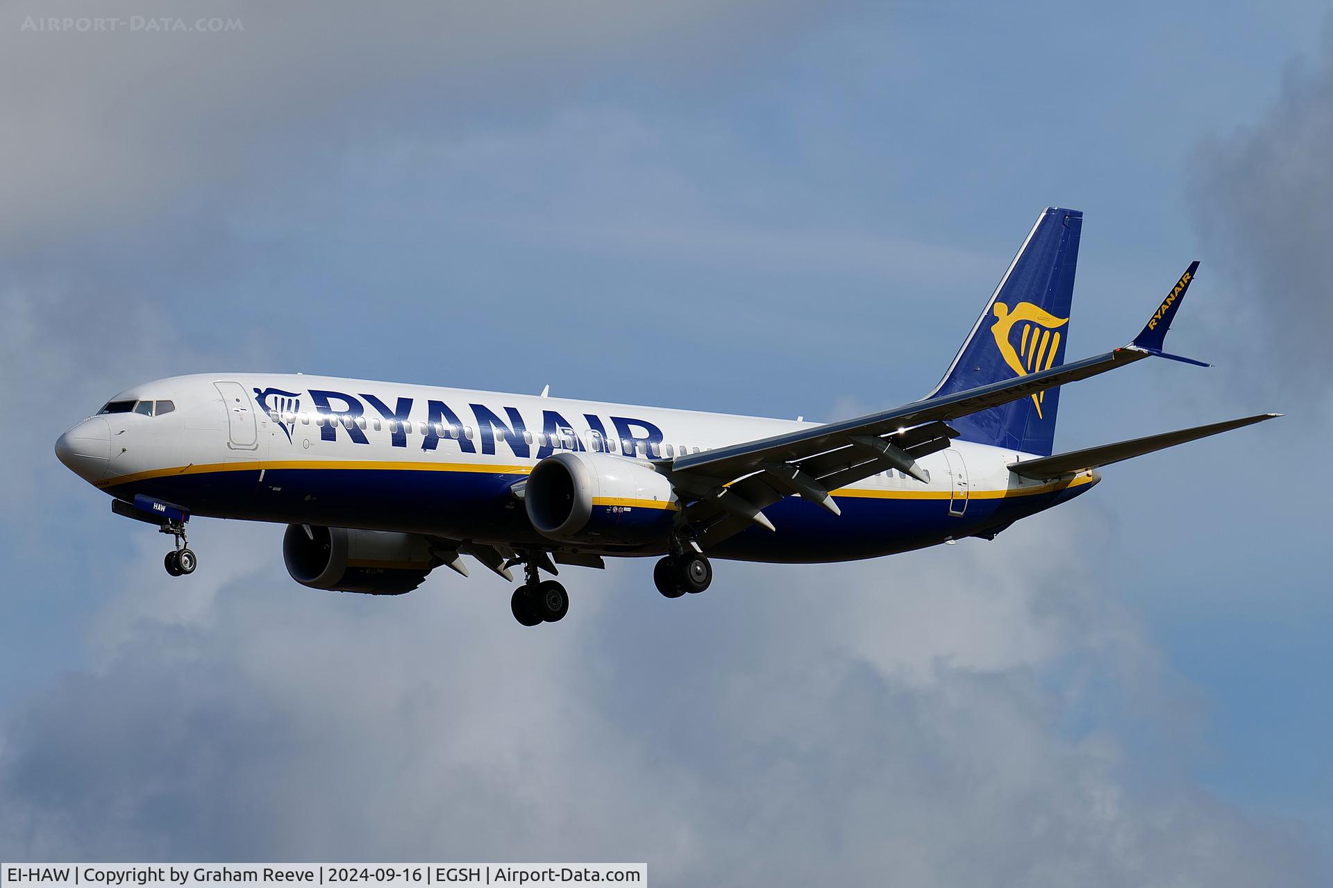EI-HAW, 2019 Boeing 737-8-200 MAX C/N 65078, Landing at Norwich.