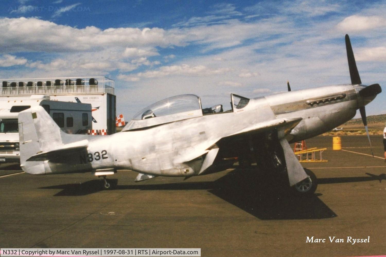 N332, 1945 North American P-51D Mustang C/N 45-11471, The components of broken up N332 Stiletto went into this new build fuselage, constructed as a TF-51D at Van Nuys CA and adopted the ID of USAAF 45-11471. First flight was at Van Nuys on Feb 26  1997. Seen here at Reno in Sept 1997.