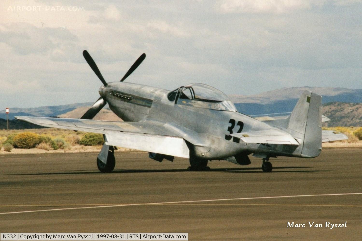 N332, 1945 North American P-51D Mustang C/N 45-11471, Raced as #32 at the Reno Air Races in Sept 1997, the primary pilot was Alan Preston. Became N51UR on August 5 1998 with new owner Lady Alice Corp.