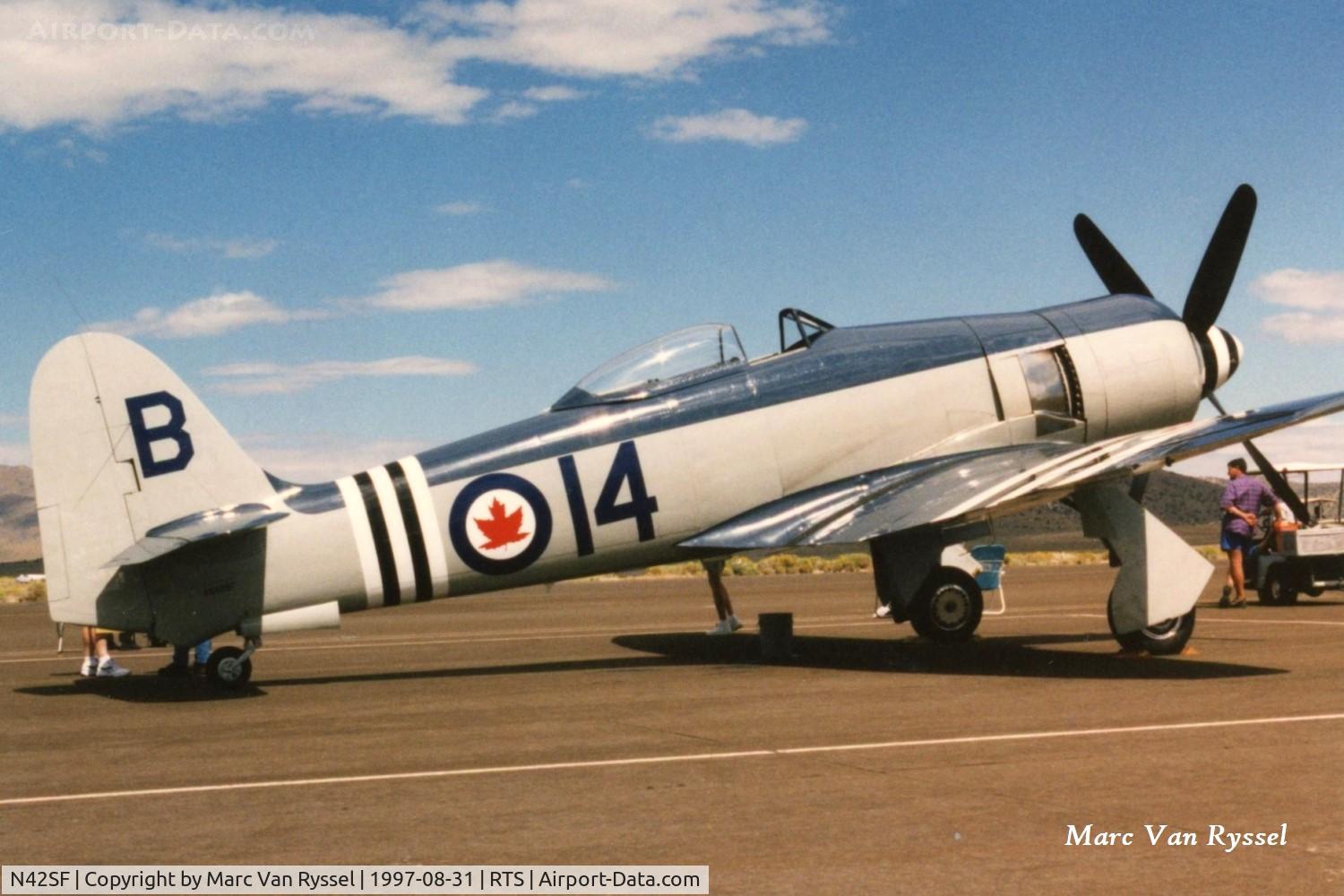 N42SF, 1947 Hawker Sea Fury T.20 C/N 37721, N42SF flew as RCN 14/B with race #114 at the Reno Air Races in Sept 1997, primary pilot was John Muszala.