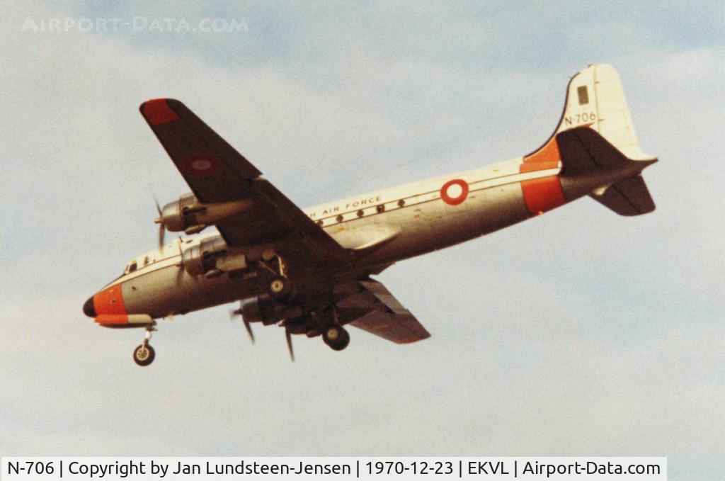 N-706, 1945 Douglas C-54D Skymaster C/N 10811, Royal Danish Air Force C-54D N-706 on final approach to Runway 28 at Vaerloese Air Base in Denmark in 1970. N-706 was a cargo plane and was in RDAF service 1959-1975. Ex USAAF/USAF 42-72706.