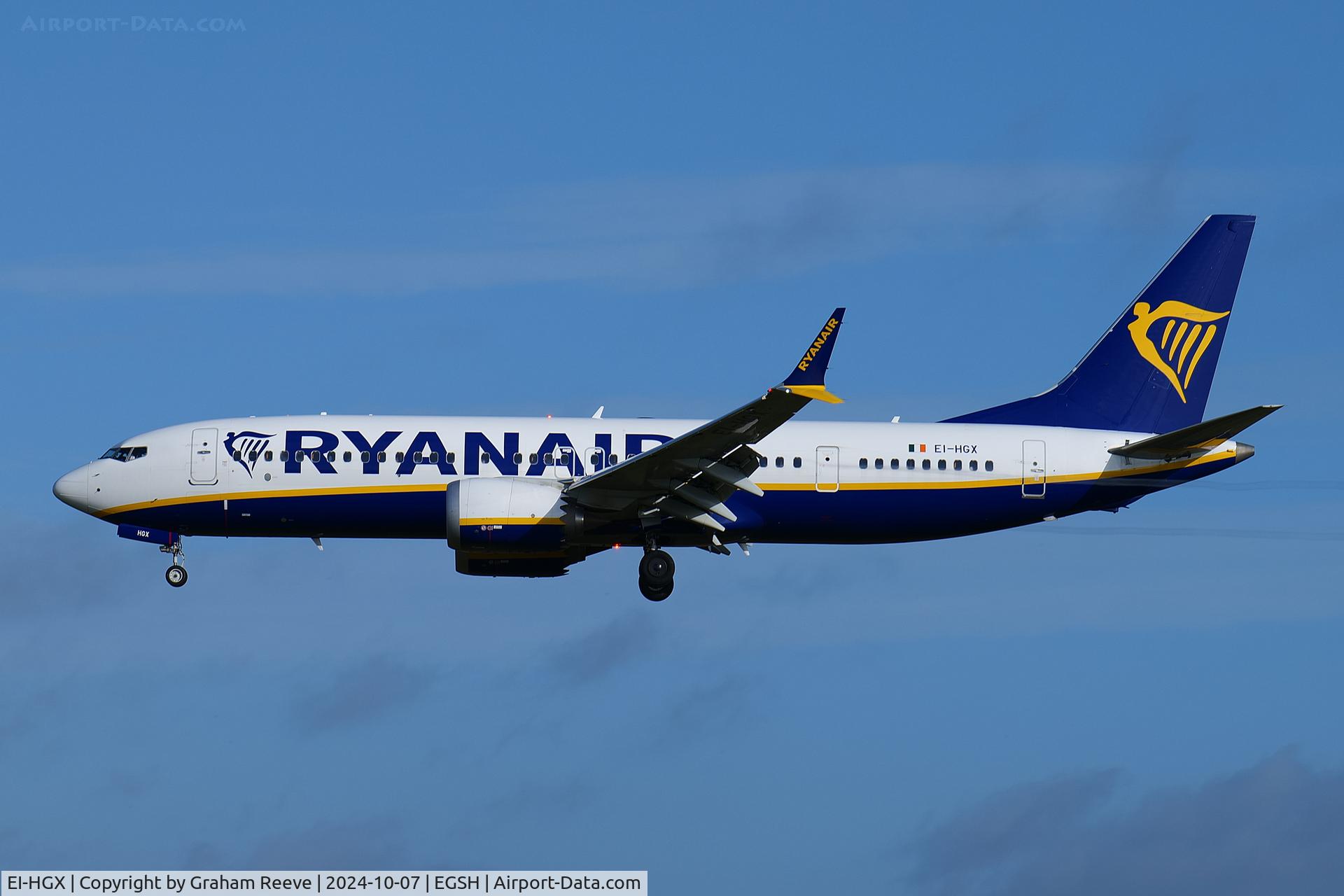 EI-HGX, 2022 Boeing 737-8-200 MAX C/N 62335, Landing at Norwich.