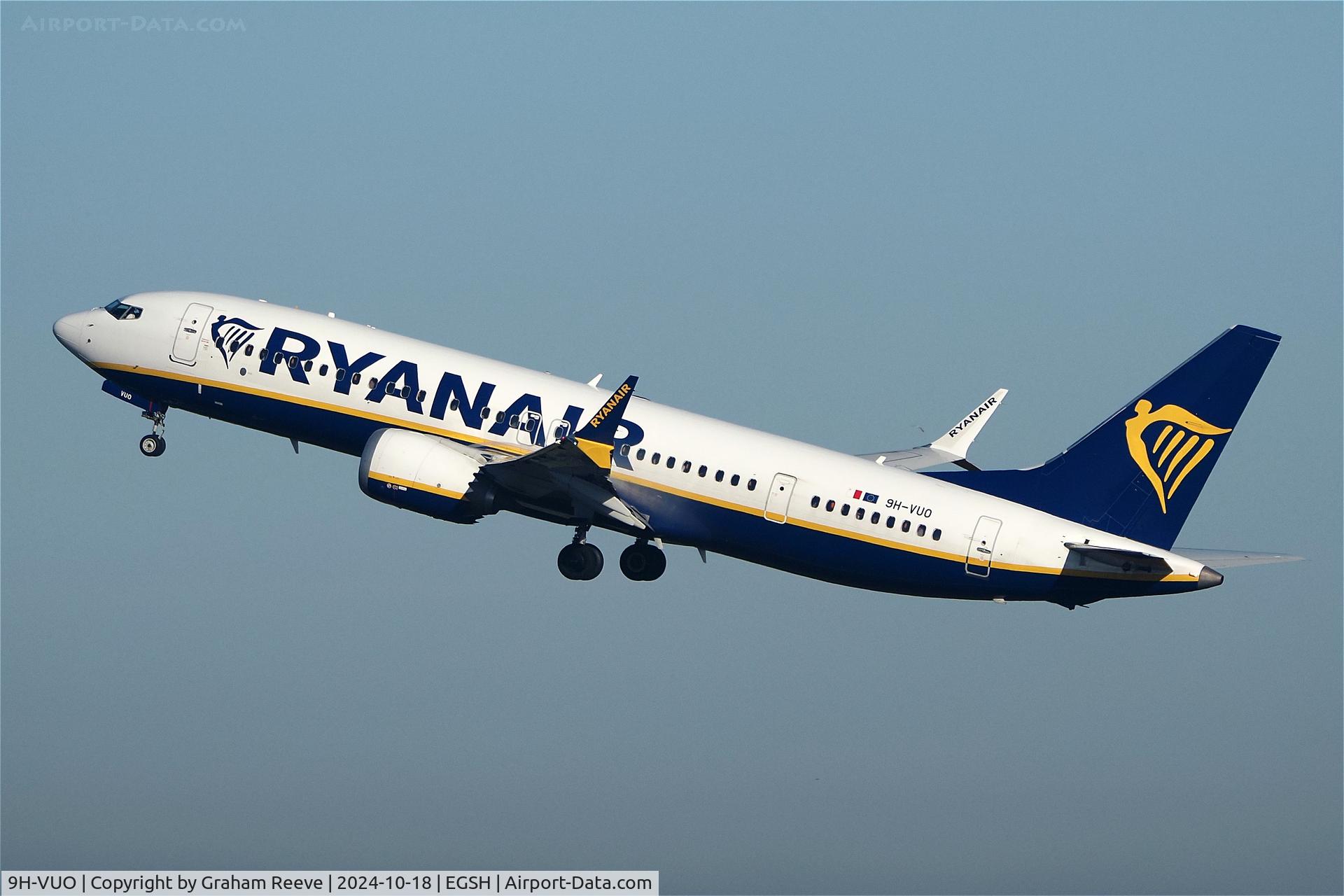 9H-VUO, 2021 Boeing 737-8-200 MAX C/N 65884, Departing from Norwich.