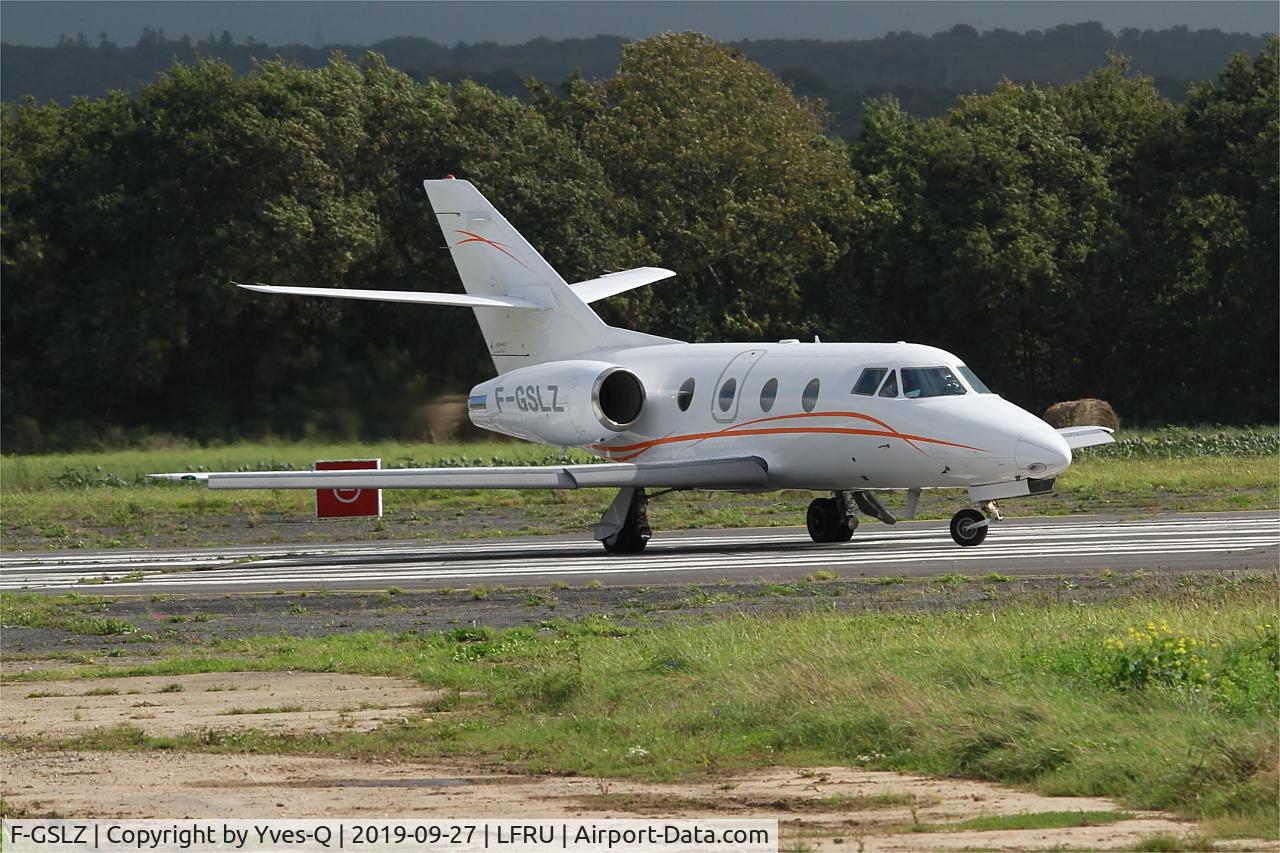 F-GSLZ, 1986 Dassault Falcon 100 C/N 208, Dassault Falcon 10, Lining up rwy 22, Morlaix-Ploujean airport (LFRU-MXN)