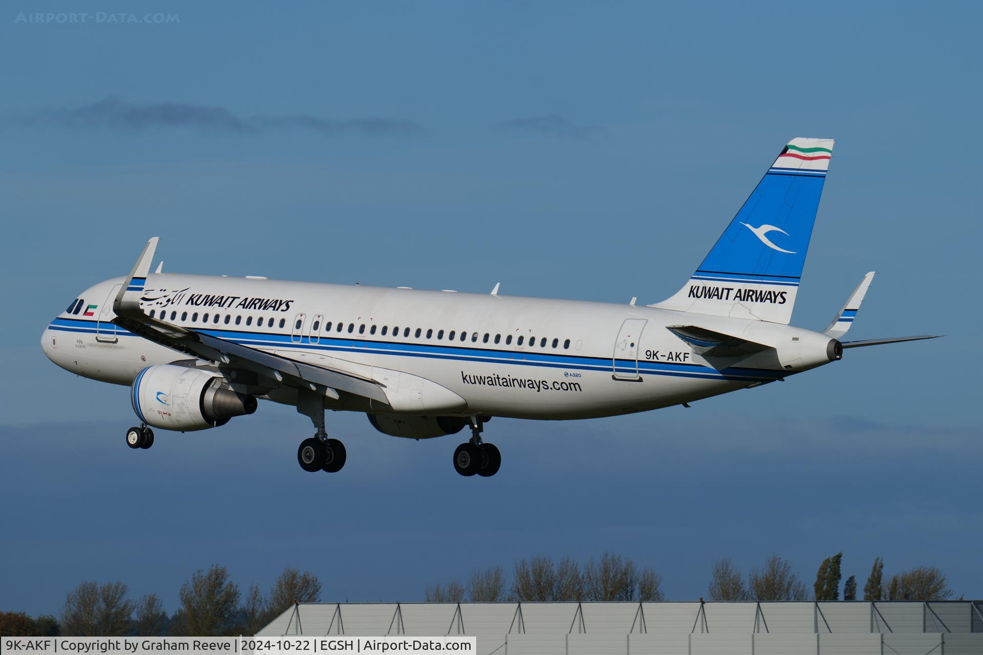 9K-AKF, 2014 Airbus A320-214 C/N 6375, Landing at Norwich.