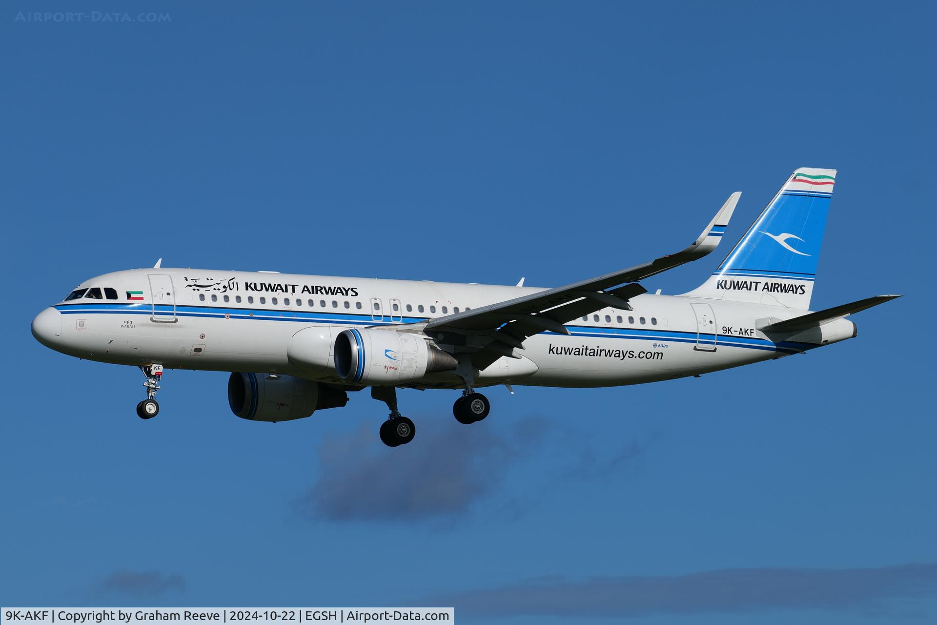 9K-AKF, 2014 Airbus A320-214 C/N 6375, Landing at Norwich.