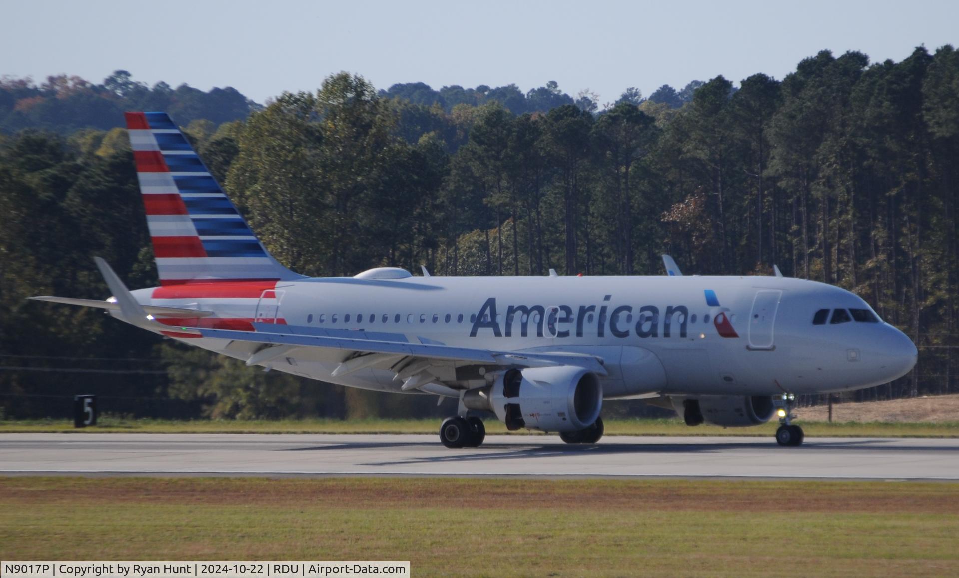 N9017P, 2014 Airbus A319-115 C/N 6085, An uncommon visitor here at RDU: an LAA (sharklet) A319! We usually get the LUS/ex-F9 A319s (raked tips) here. It also has the current AA livery with the winglet logos!