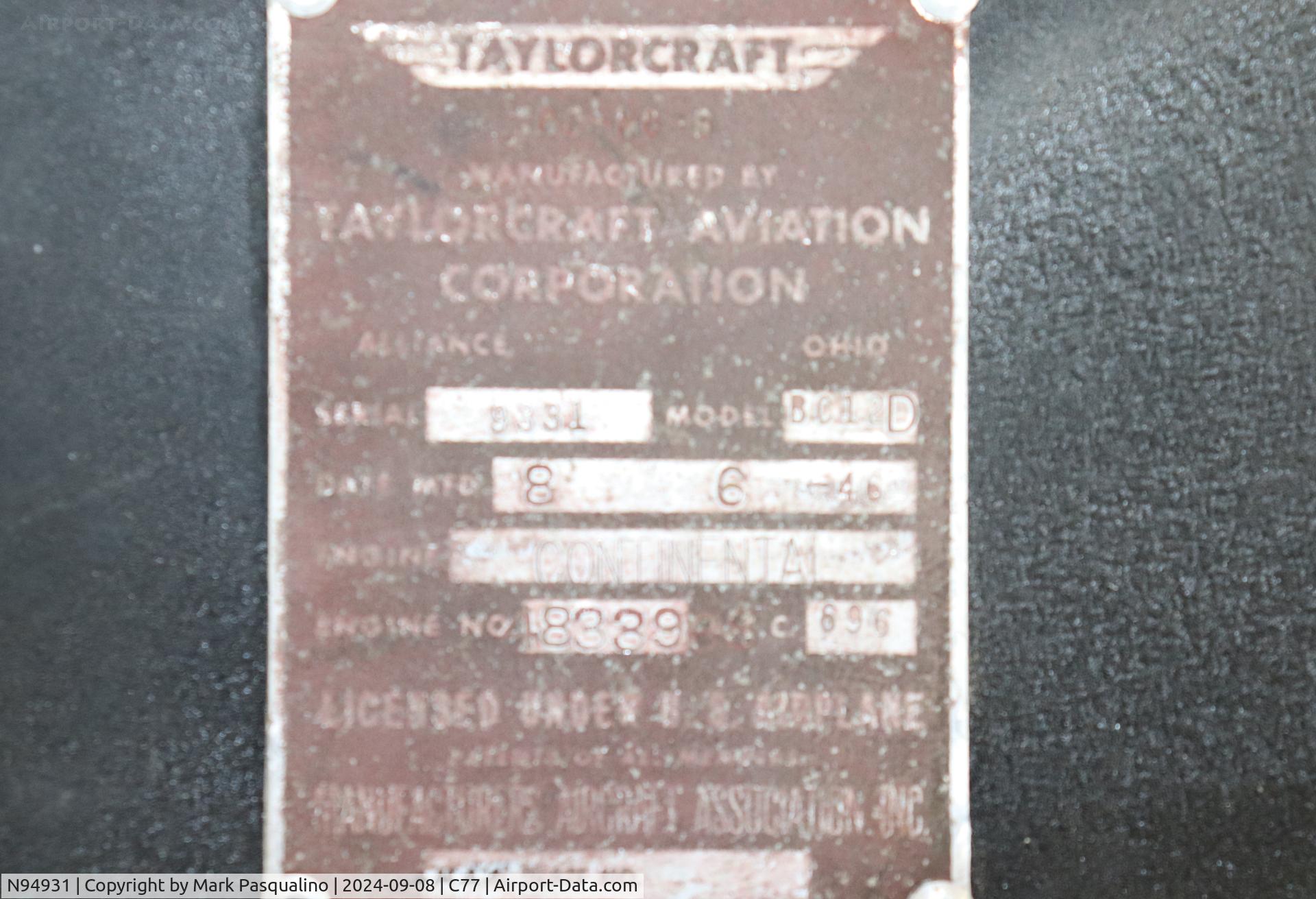N94931, 1946 Taylorcraft BC12-D C/N 9331, Taylorcraft BC12-D