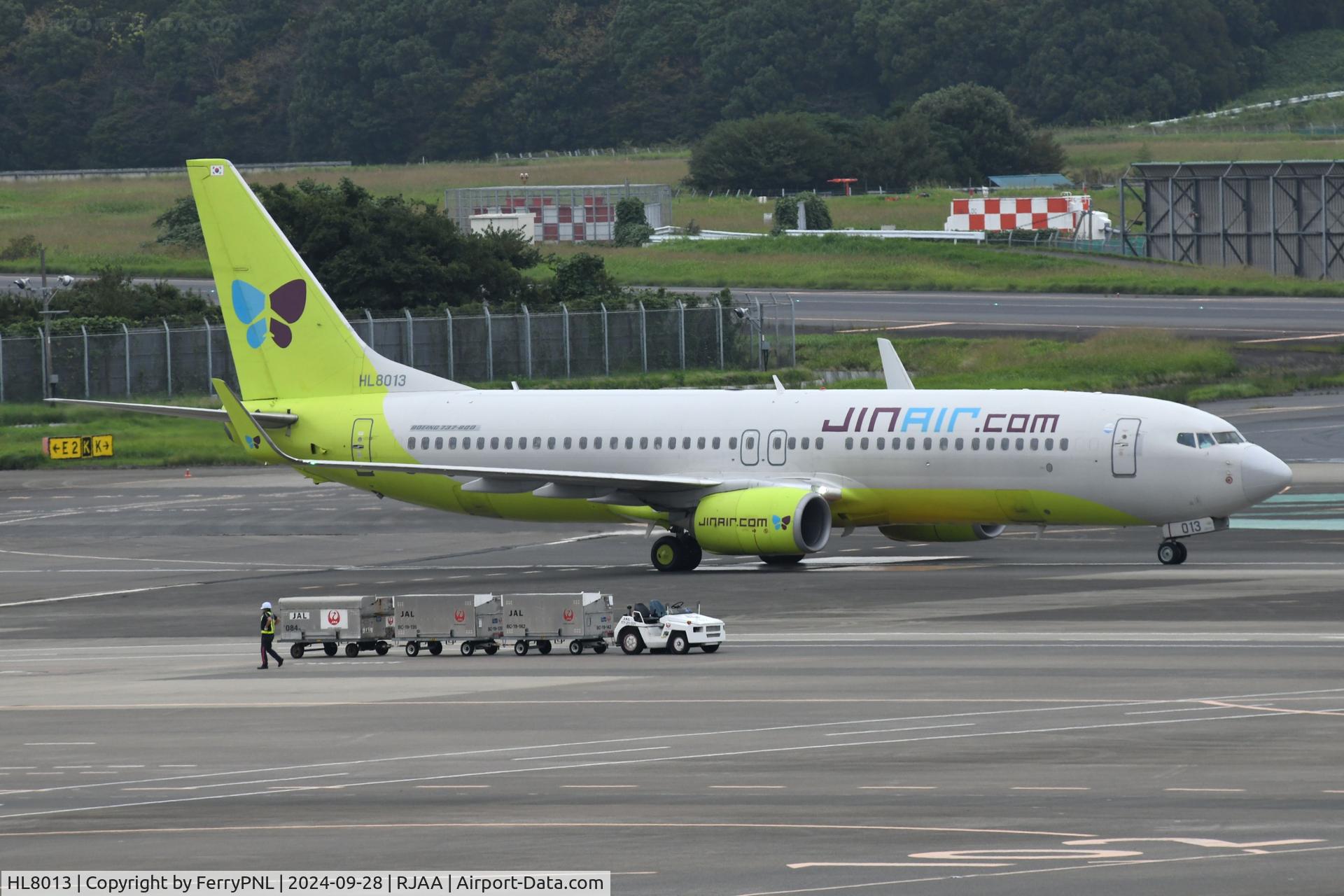 HL8013, Boeing 737-8SH C/N 41346, Jin Air B738 taxying after arrival to its gate.