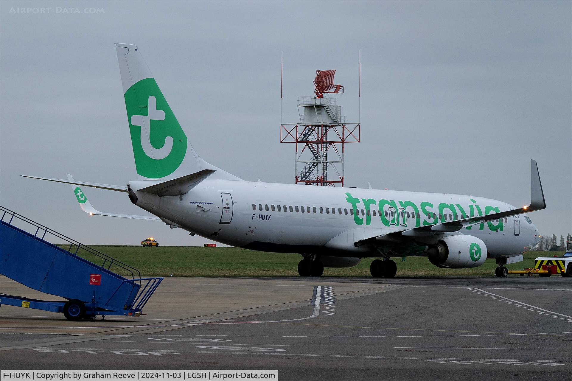 F-HUYK, Boeing 737-800 C/N 38034, Under tow at Norwich.