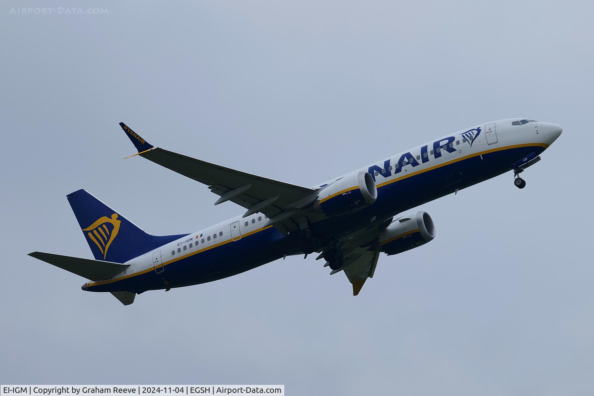EI-IGM, 2023 Boeing 737-8-200 MAX C/N 67073, Departing from Norwich.