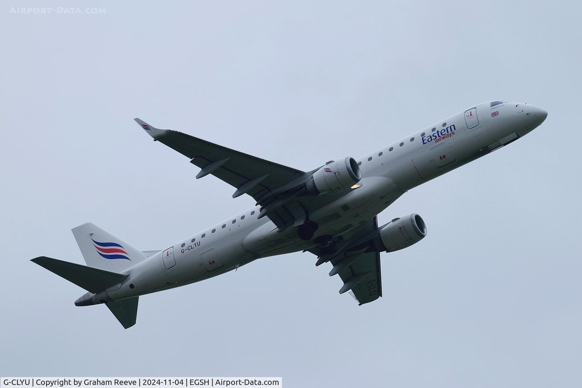 G-CLYU, 2009 Embraer 190AR (ERJ-190-100IGW) C/N 19000310, Departing from Norwich.