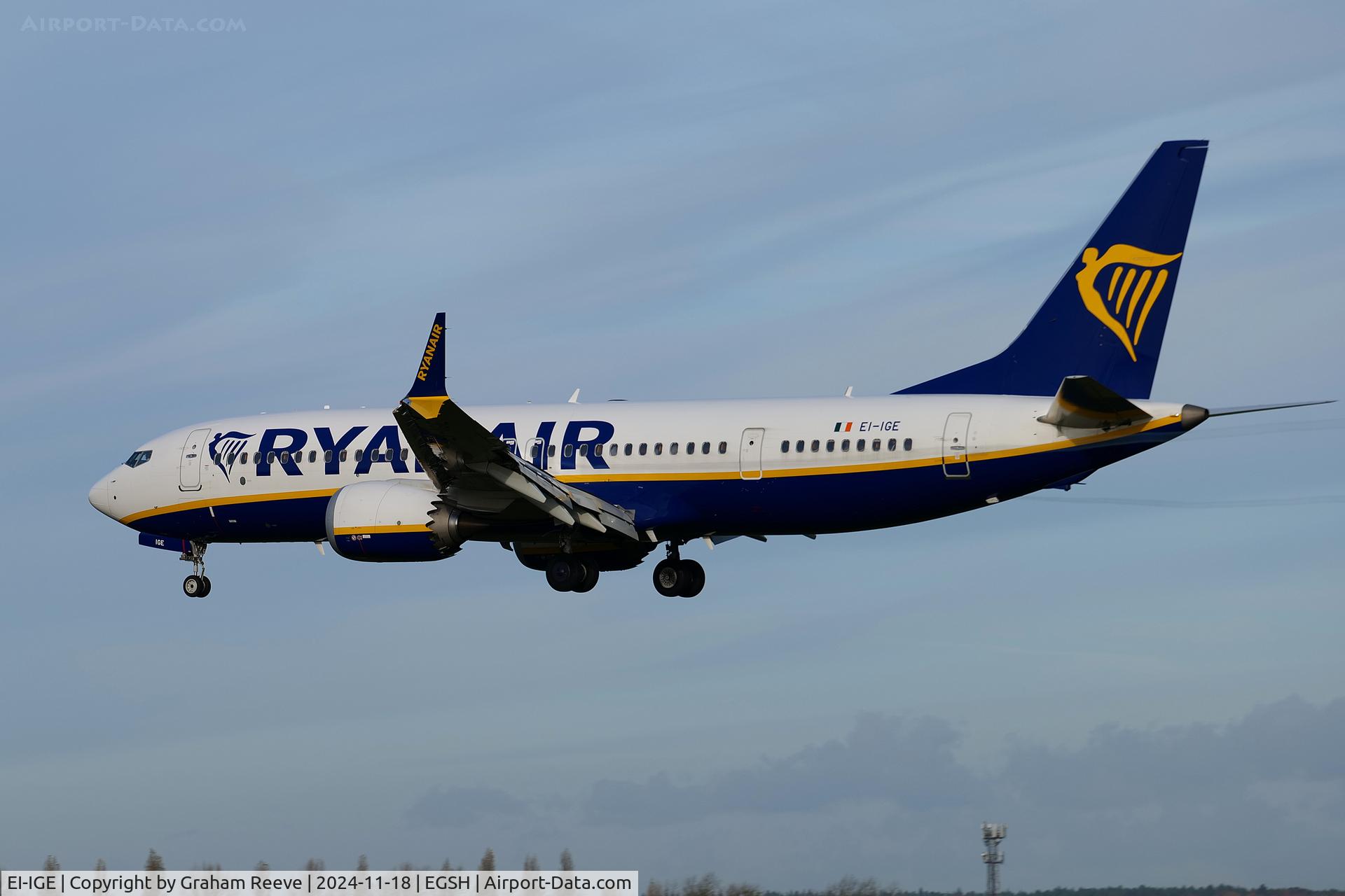 EI-IGE, 2023 Boeing 737-8-200 MAX C/N 67071, Landing at Norwich.