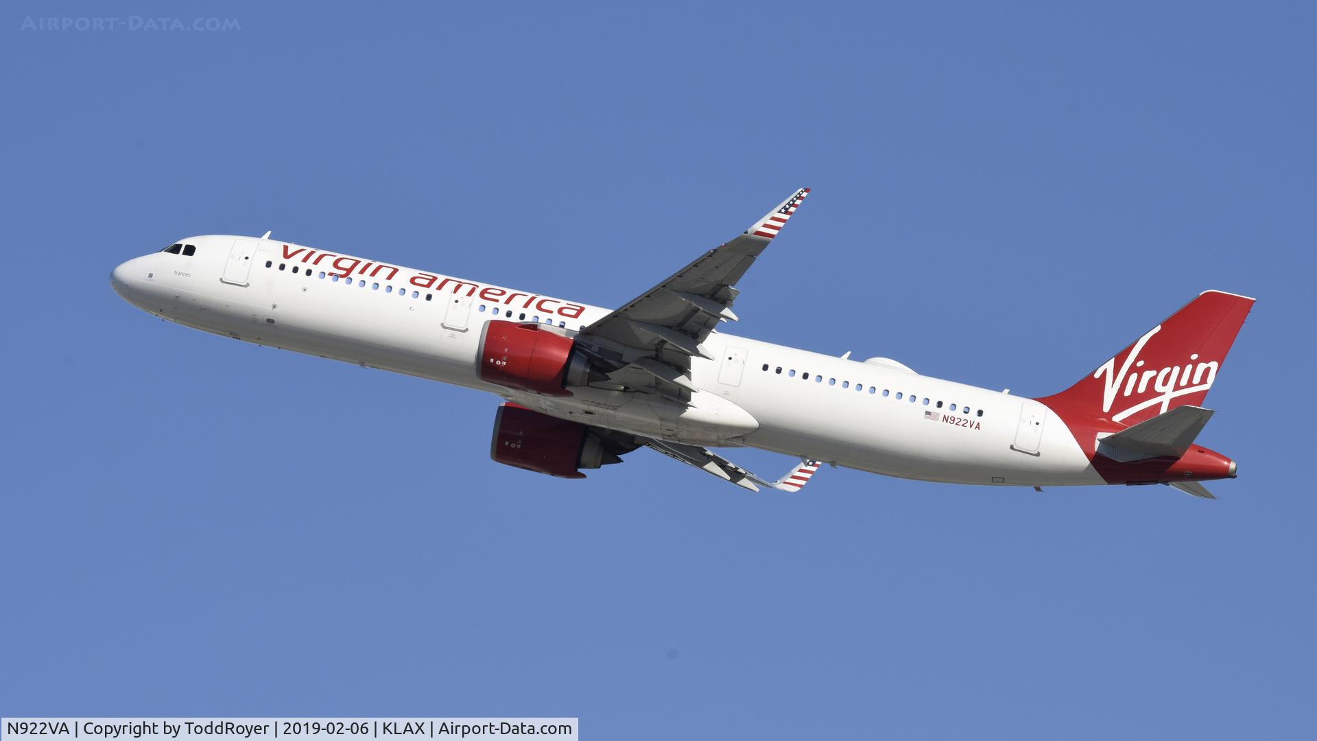 N922VA, 2017 Airbus A321-253N C/N 7639, Departing LAX on 25R