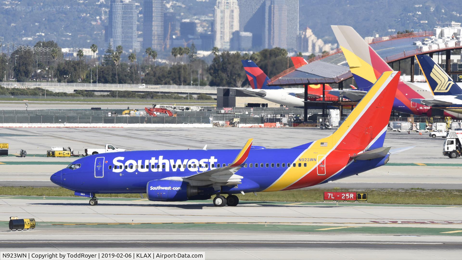 N923WN, 2008 Boeing 737-7H4 C/N 36627, Arriving at LAX on 25L