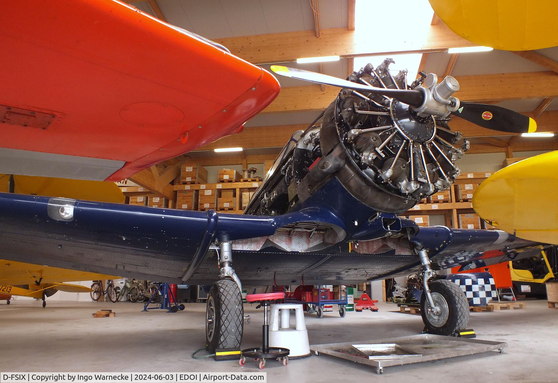 D-FSIX, 1953 North American T-6J Harvard Mk. IV C/N CCF-4-464, Canadian Car & Foundry (CCF) Harvard Mk4 (North American T-6) undergoing maintenance at Bienenfarm airfield (home of part of the collection of Quax, association for the promotion of historic aircraft e.V.), Paulinenaue
