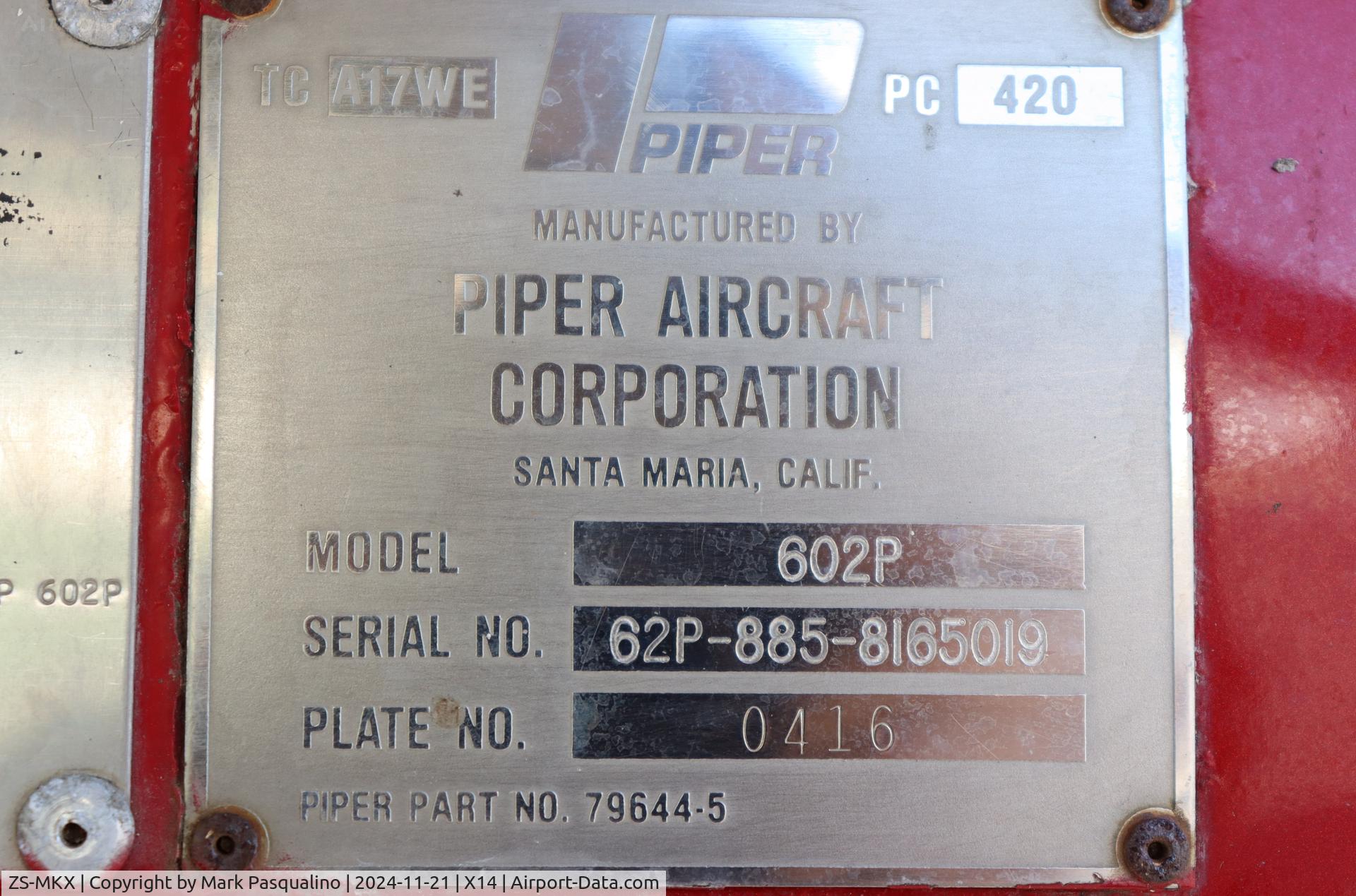 ZS-MKX, 1981 Piper Aerostar 602P C/N 62P08858165019, Piper PA-60-602P