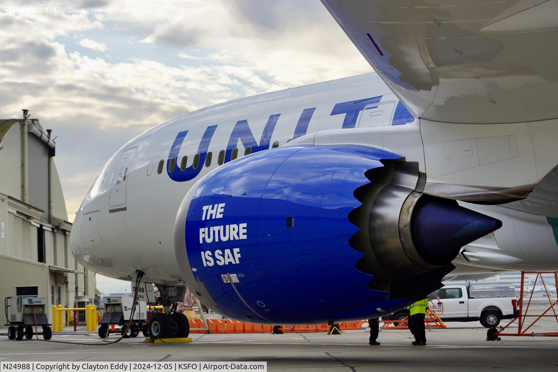 N24988, 2024 Boeing 787-9 Dreamliner SAF paint Dreamliner C/N 37449, SAF, (Sustainable Aviation Fuel), SFO 2024.