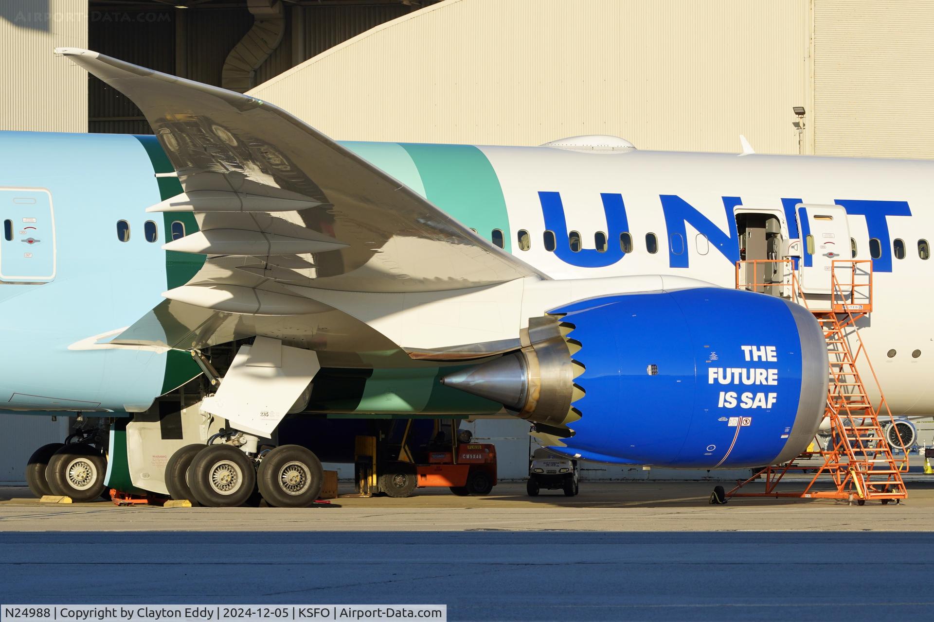 N24988, 2024 Boeing 787-9 Dreamliner SAF paint Dreamliner C/N 37449, SAF, (Sustainable Aviation Fuel), SFO 2024.