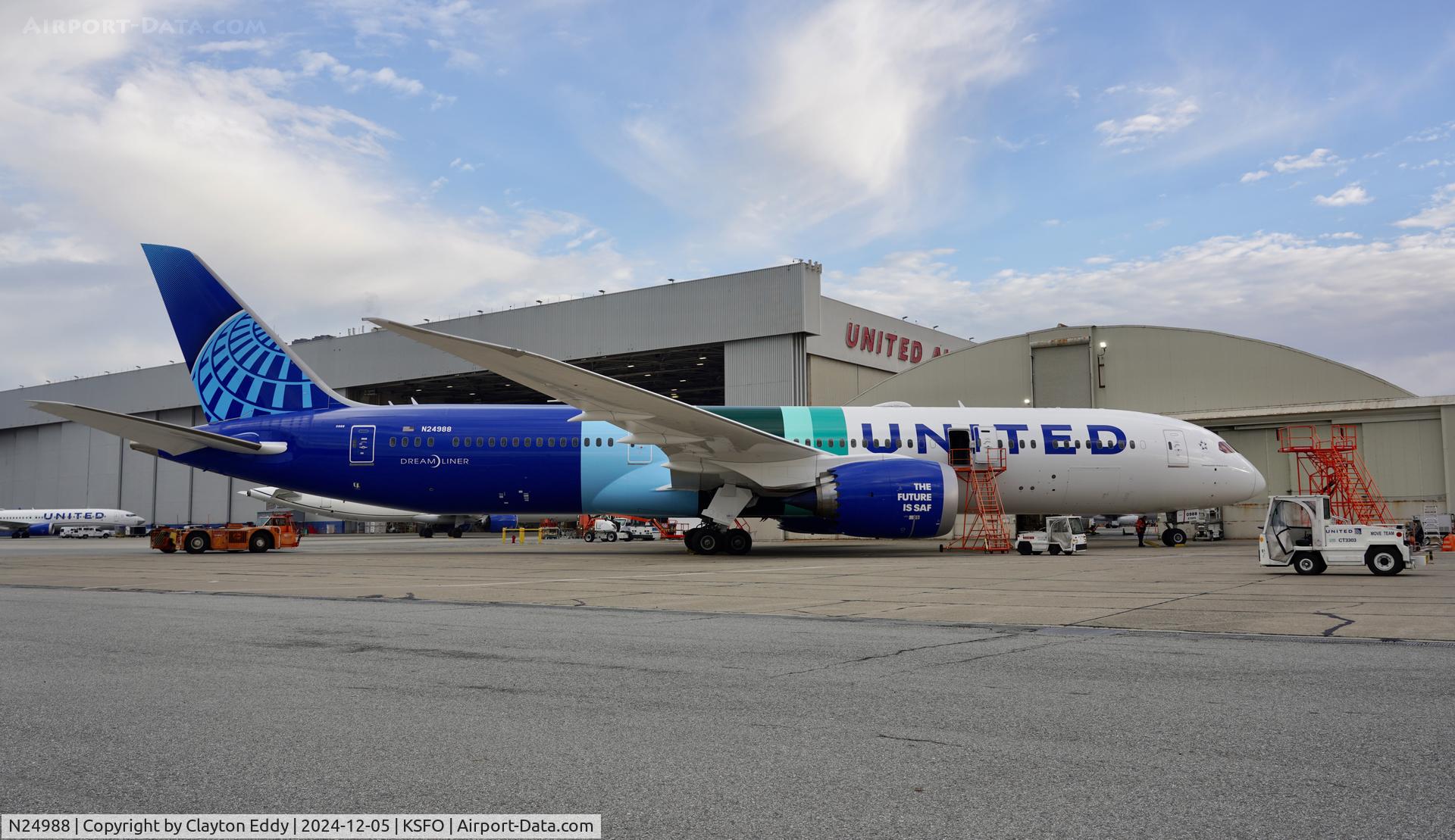 N24988, 2024 Boeing 787-9 Dreamliner SAF paint Dreamliner C/N 37449, SAF, (Sustainable Aviation Fuel), SFO 2024.