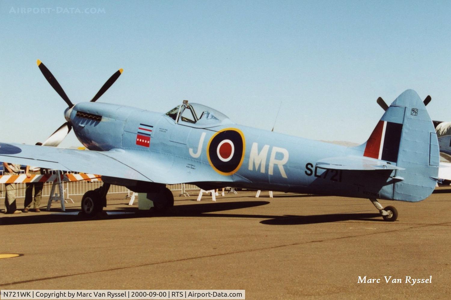N721WK, 1945 Supermarine Spitfire LF. XVIe C/N CBAF.IX.4756, N721WK ex G-BAUP, became later C-GVZB & OO-XVI. Owned by Chris Woods at Reno Air Races in September 2000.