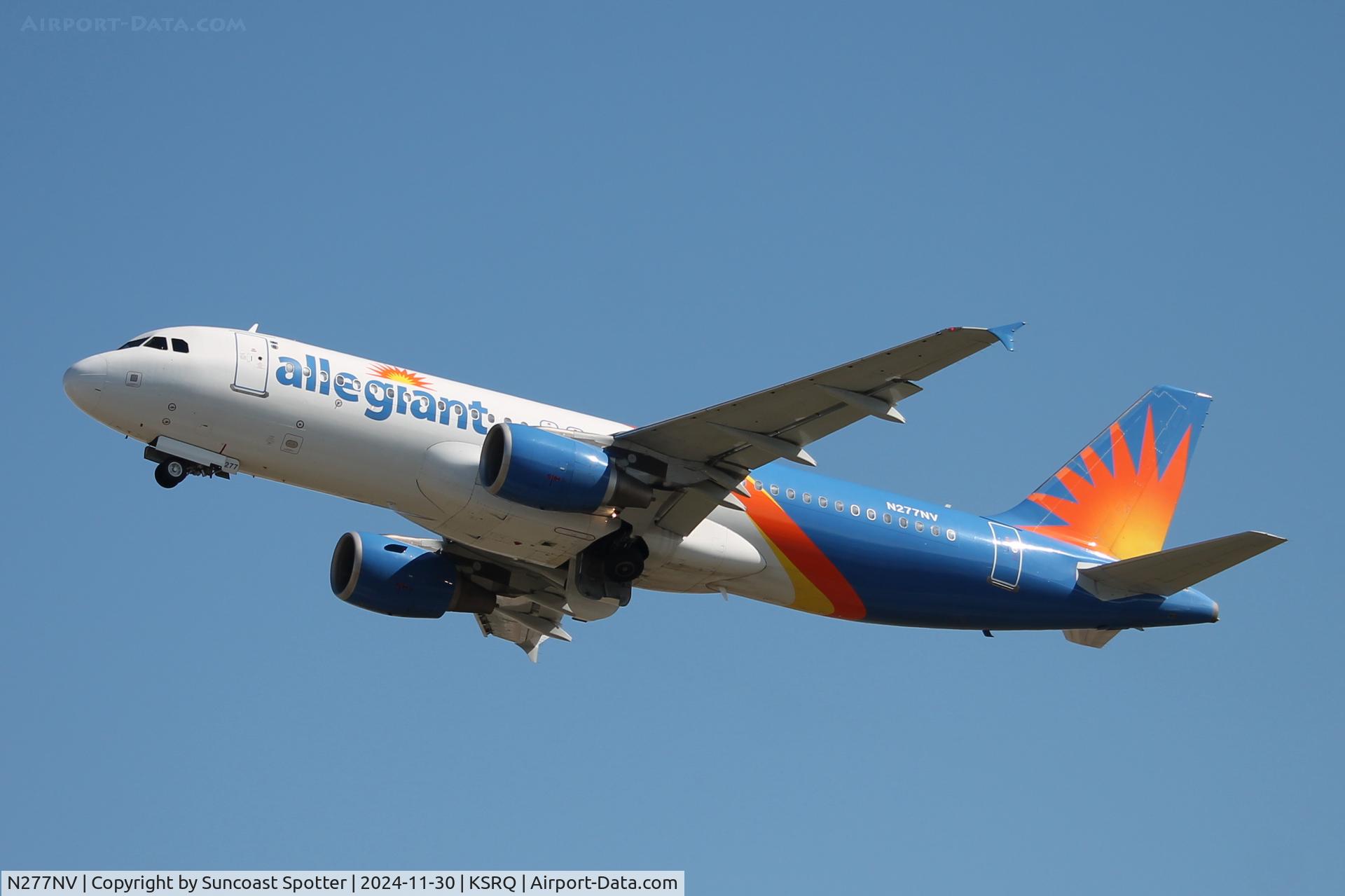 N277NV, 2007 Airbus A320-214 C/N 3205, Allegiant Flight 1374 departs Runway 32 at Sarasota-Bradenton International Airport enroute to Asheville Regional Airport