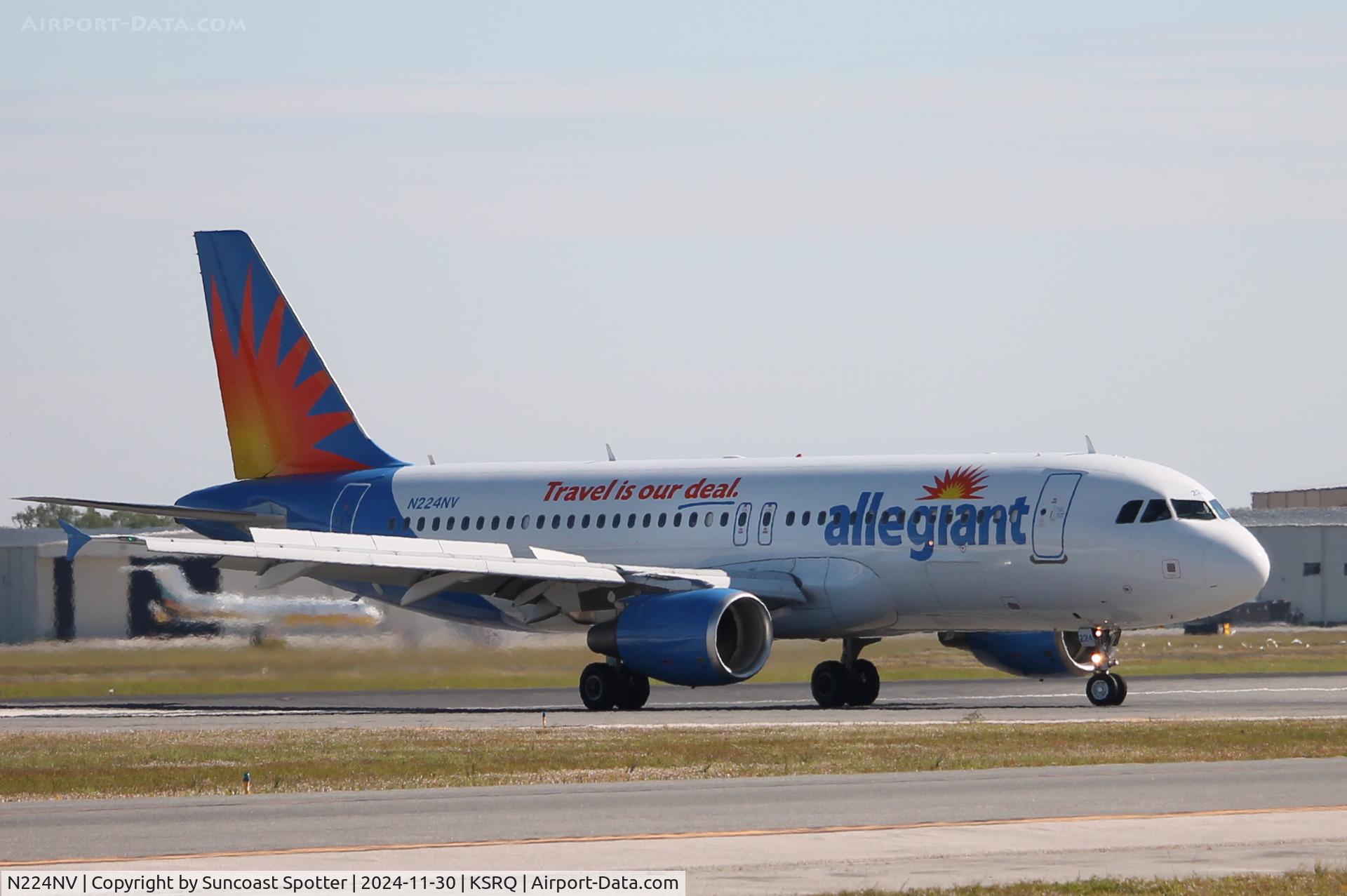 N224NV, Airbus A320-214 C/N 1694, Allegiant Flight 2100 arrives on Runway 32 at Sarasota-Bradenton International Airport following flight from Des Moines International Airport