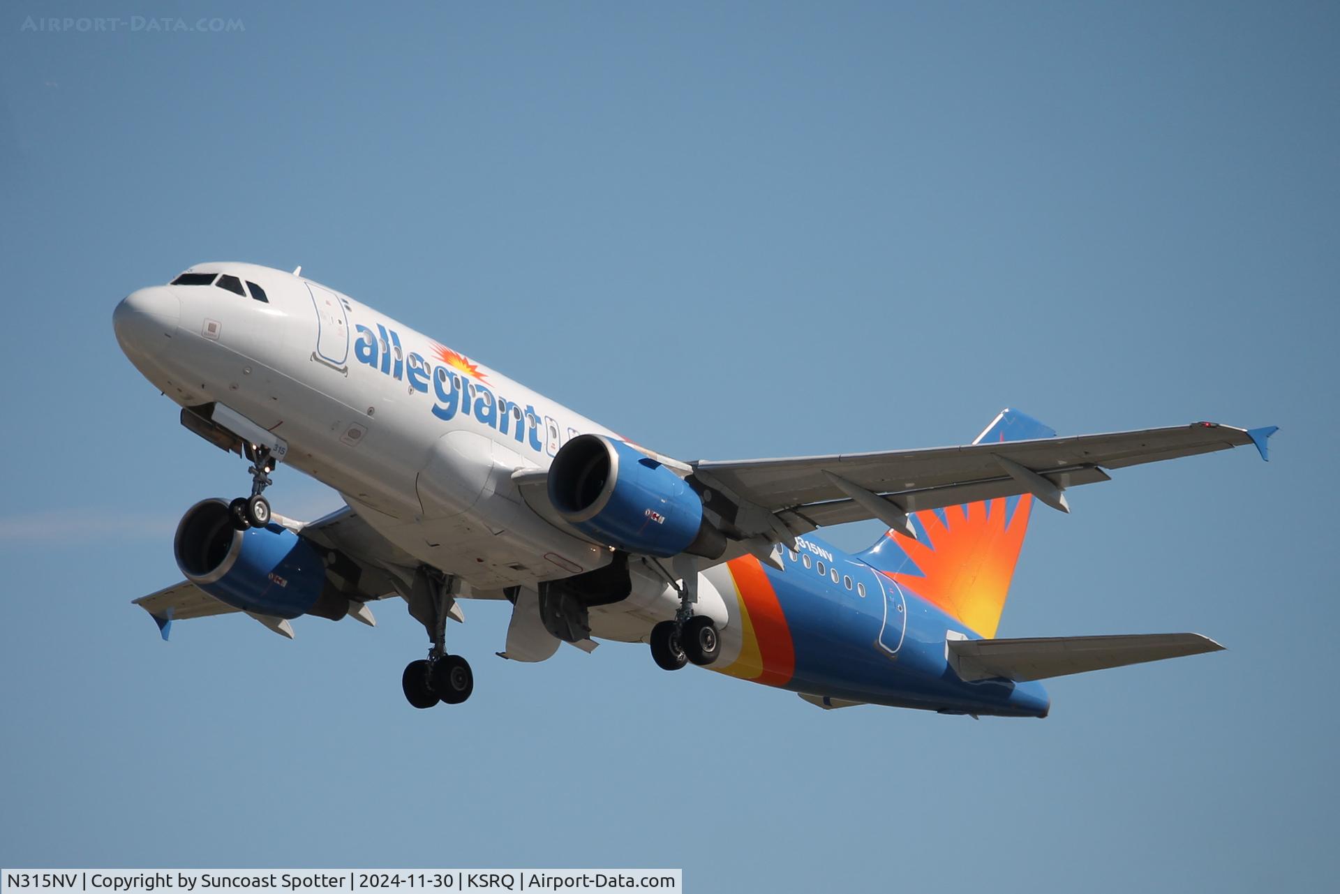 N315NV, 2005 Airbus A319-111 C/N 2412, Allegiant Flight 3133 departs Runway 32 at Sarasota-Bradenton International Airport enroute to Austin-Bergstrom International Airport