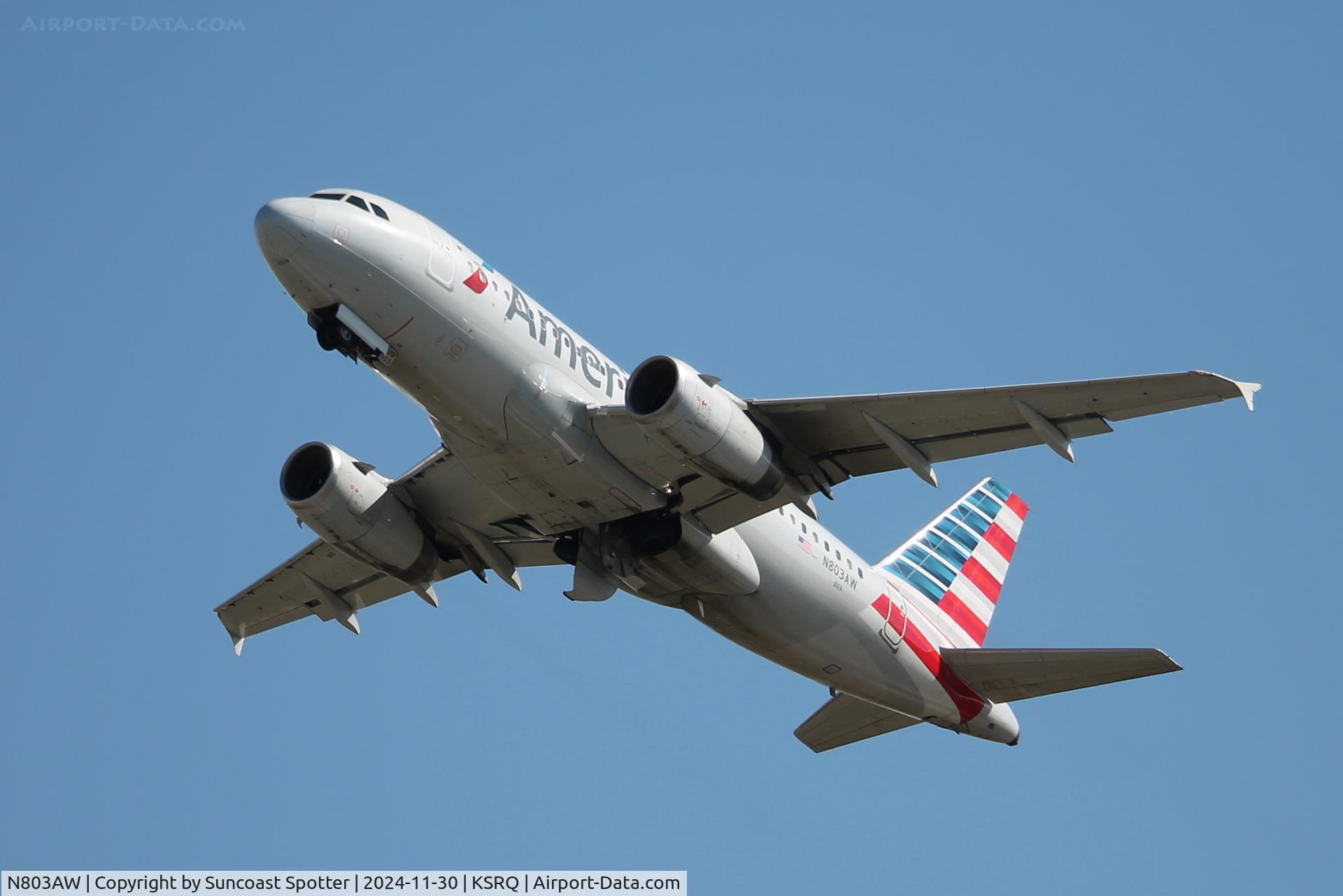 N803AW, 1998 Airbus A319-132 C/N 0931, American Flight 2473 departs Runway 32 at Sarasota-Bradenton International Airport enroute to Reagan National Airport