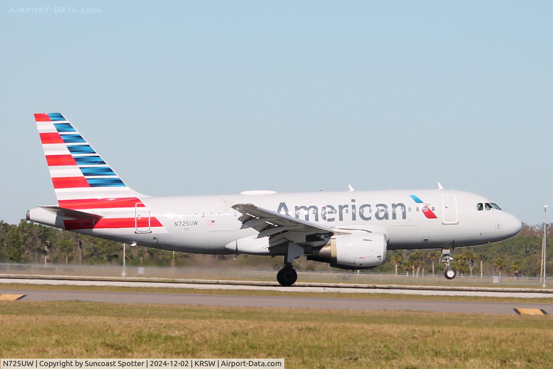 N725UW, 1999 Airbus A319-112 C/N 1135, American Flight 1325 arrives on Runway 6 at Southwest Florida International Airport following flight from Reagan National Airport