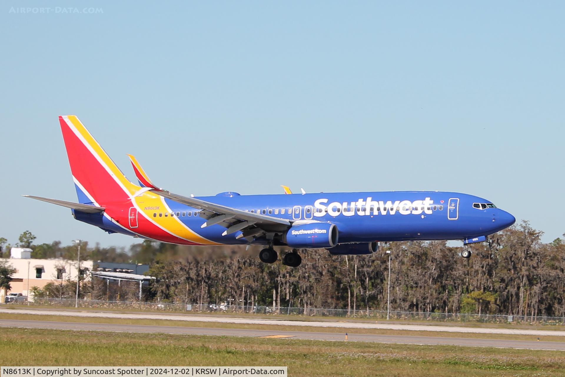 N8613K, 2013 Boeing 737-8H4 C/N 36998, Southwest Flight 3009 arrives on Runway 6 at Southwest Florida International Airport following flight from Hartsfield-Jackson Atlanta International Airport