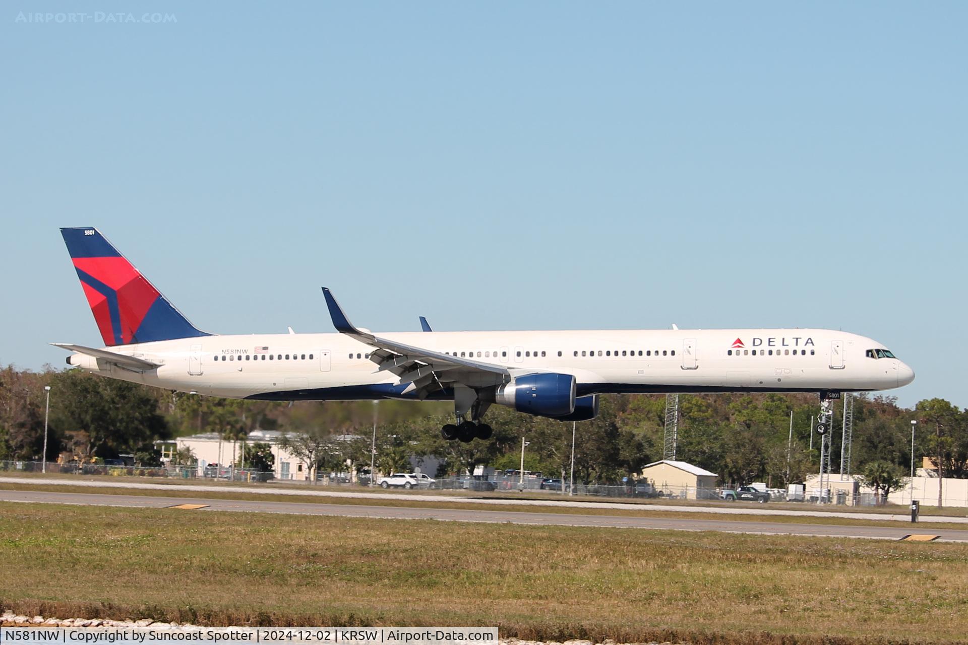 N581NW, 2002 Boeing 757-351 C/N 32982, Delta Flight 2226 arrives on Runway 6 at Southwest Florida International Airport following flight from Minneapolis-St Paul International Airport