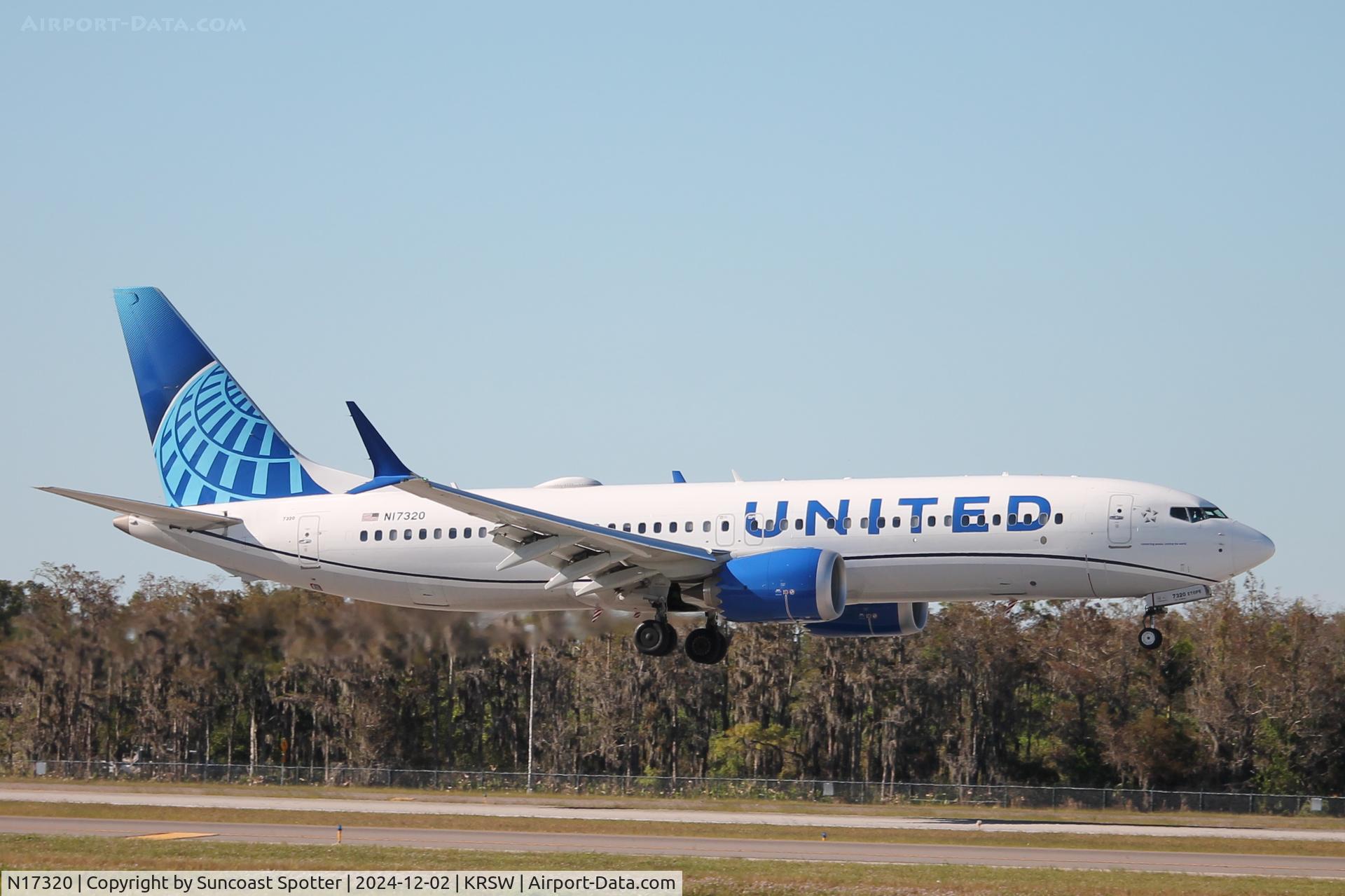 N17320, 2023 Boeing 737 Max 8 C/N 67576, United Flight 1453 arrives on Runway 6 at Southwest Florida International Airport following flight from Newark-Liberty International Airport