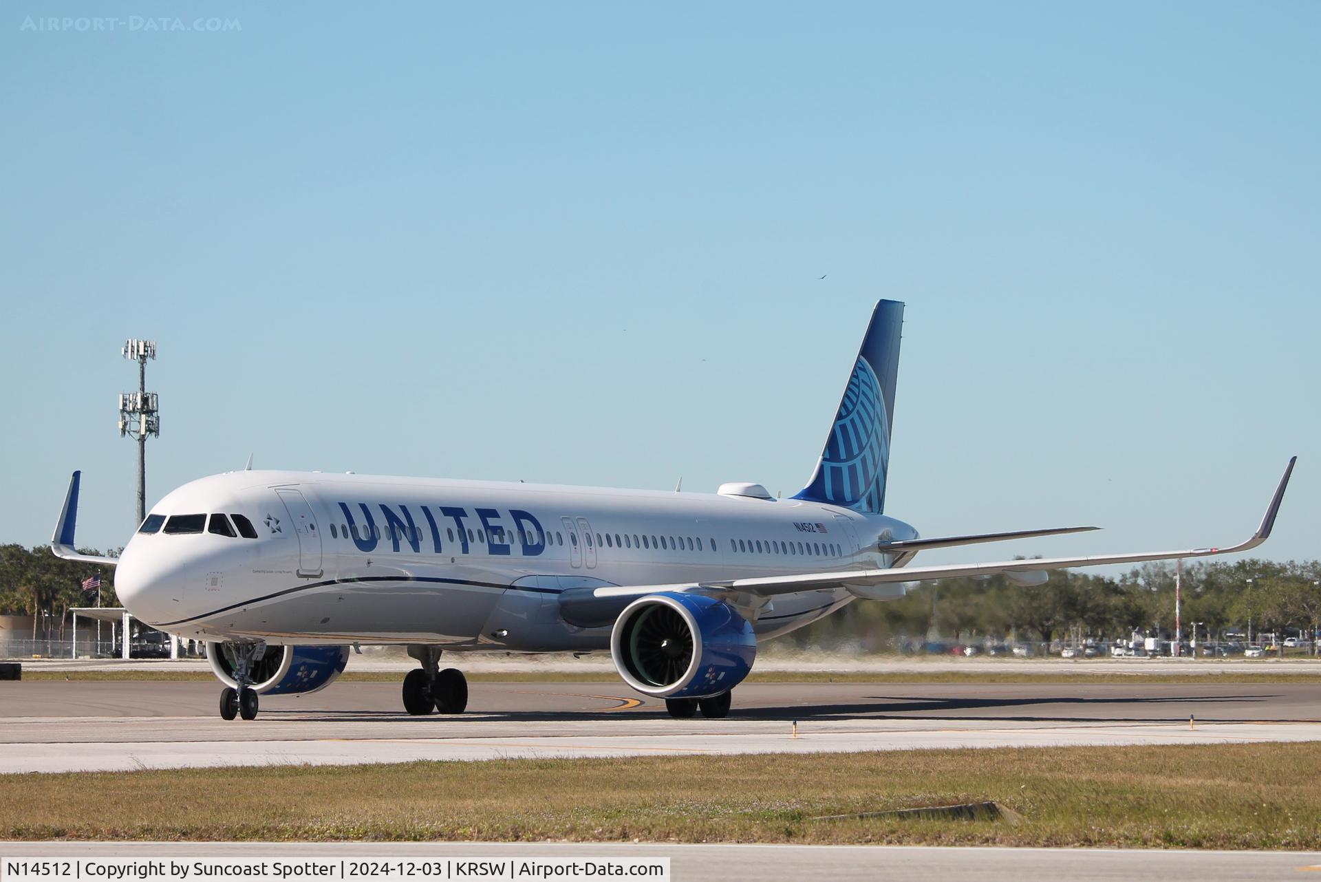 N14512, 2024 Airbus A321- 271NX C/N 11953, United Flight 335 taxis to gate at Southwest Florida International Airport following flight from Chicago-O’Hare International Airport