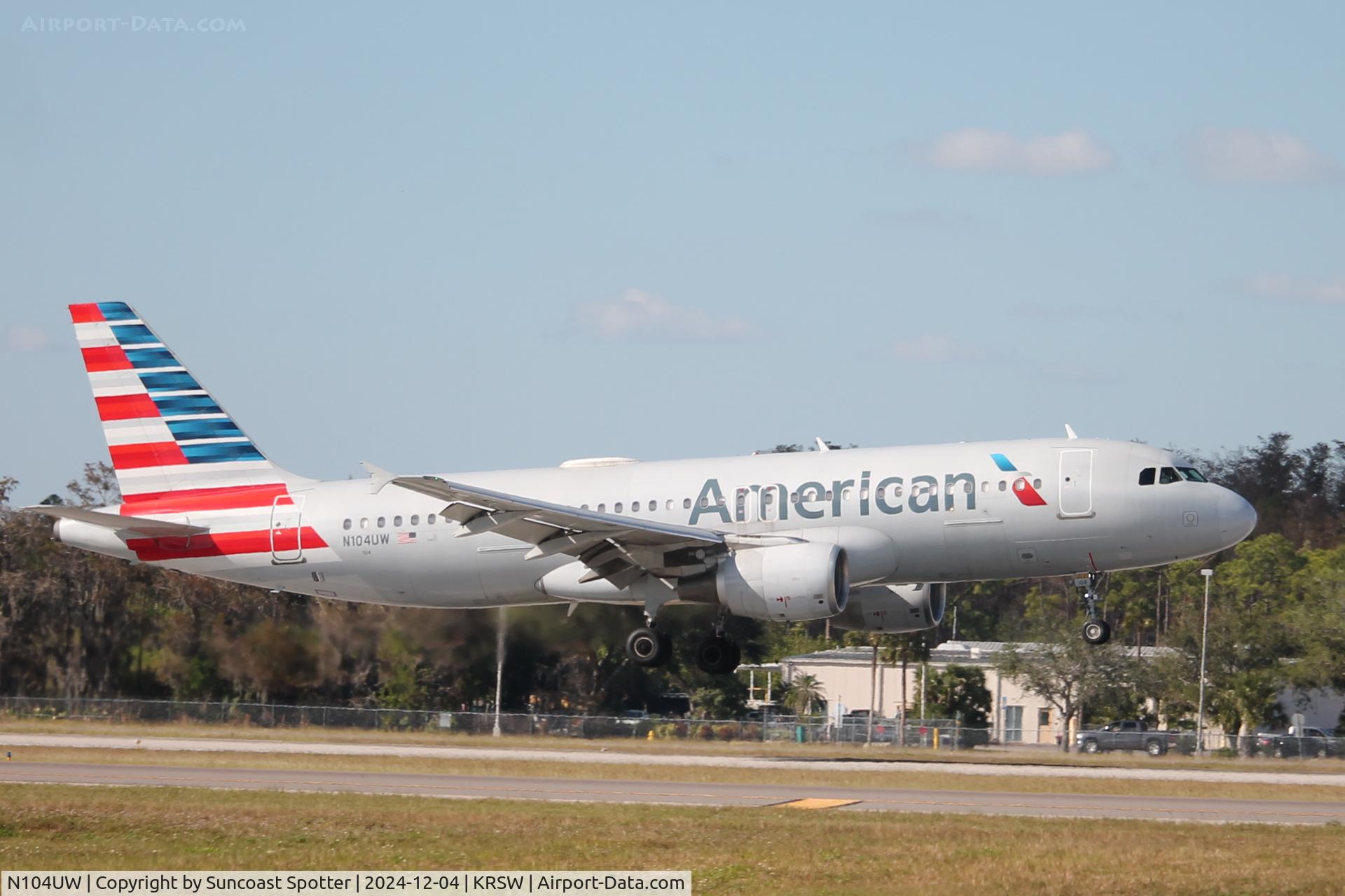 N104UW, 1999 Airbus A320-214 C/N 0863, American Flight 2444 arrives at Southwest Florida International Airport following flight from Philadelphia International Airport