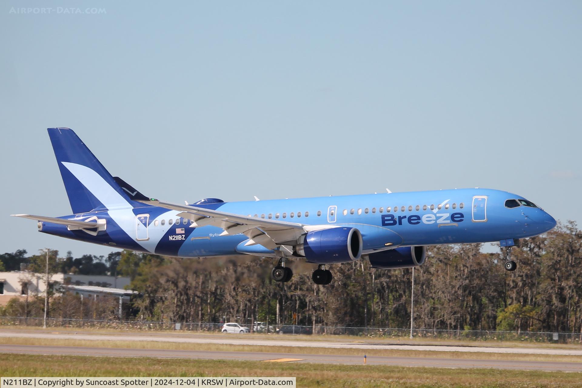 N211BZ, 2022 Airbus A220-300 C/N 55151, Breeze Flight 747 arrives on Runway 6 at Southwest Florida International Airport following flight from Canton-Akron International Airport