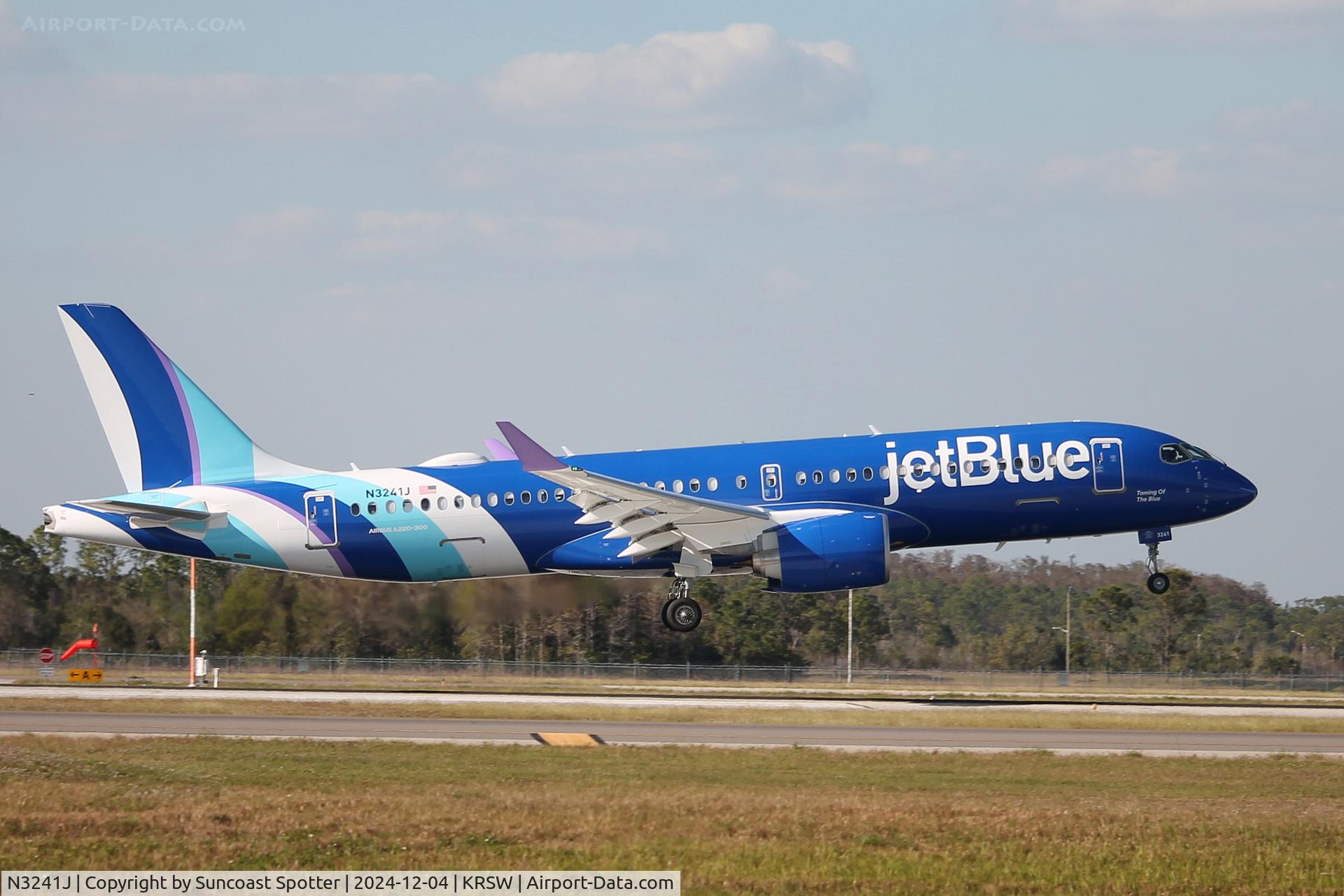 N3241J, 2024 Airbus A220-371 C/N 55315, JetBlue Flight 265 arrives on Runway 6 at Southwest Florida International Airport following flight from Boston-Logan International Airport