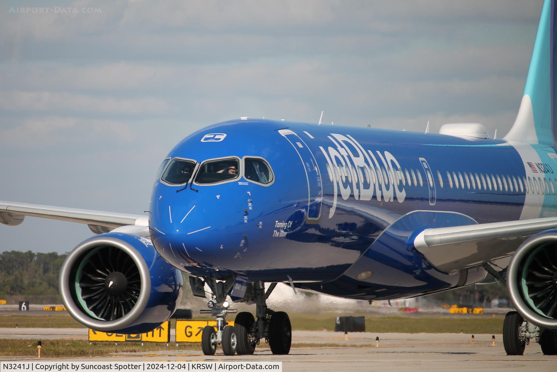 N3241J, 2024 Airbus A220-371 C/N 55315, JetBlue Flight 265 taxis to gate at Southwest Florida International Airport following flight from Boston-Logan International Airport