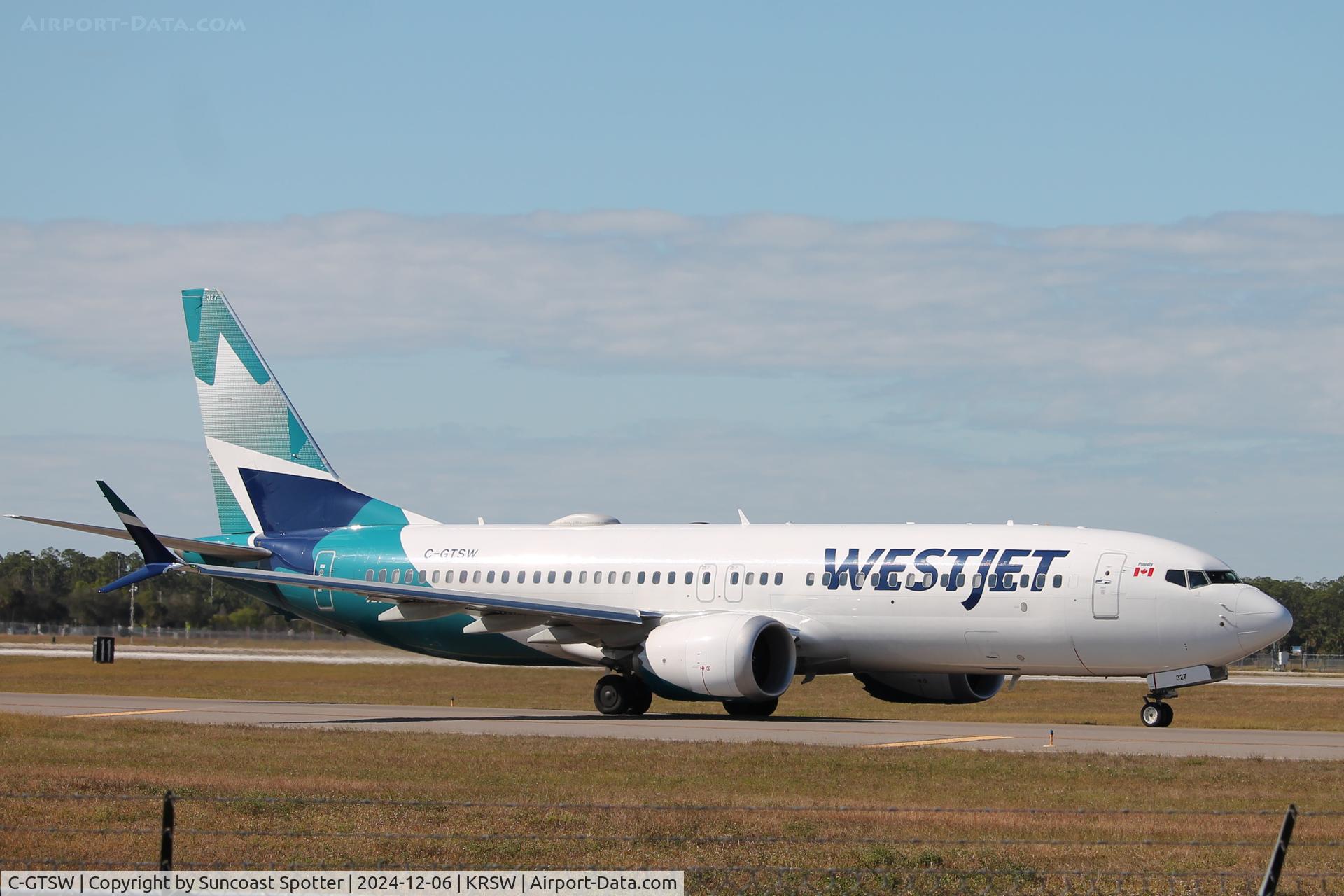 C-GTSW, 2023 Boeing 737-8 MAX C/N 60549, WestJet Flight 1237 taxis at Southwest Florida International Airport prior to flight to Toronto-Pearson International Airport