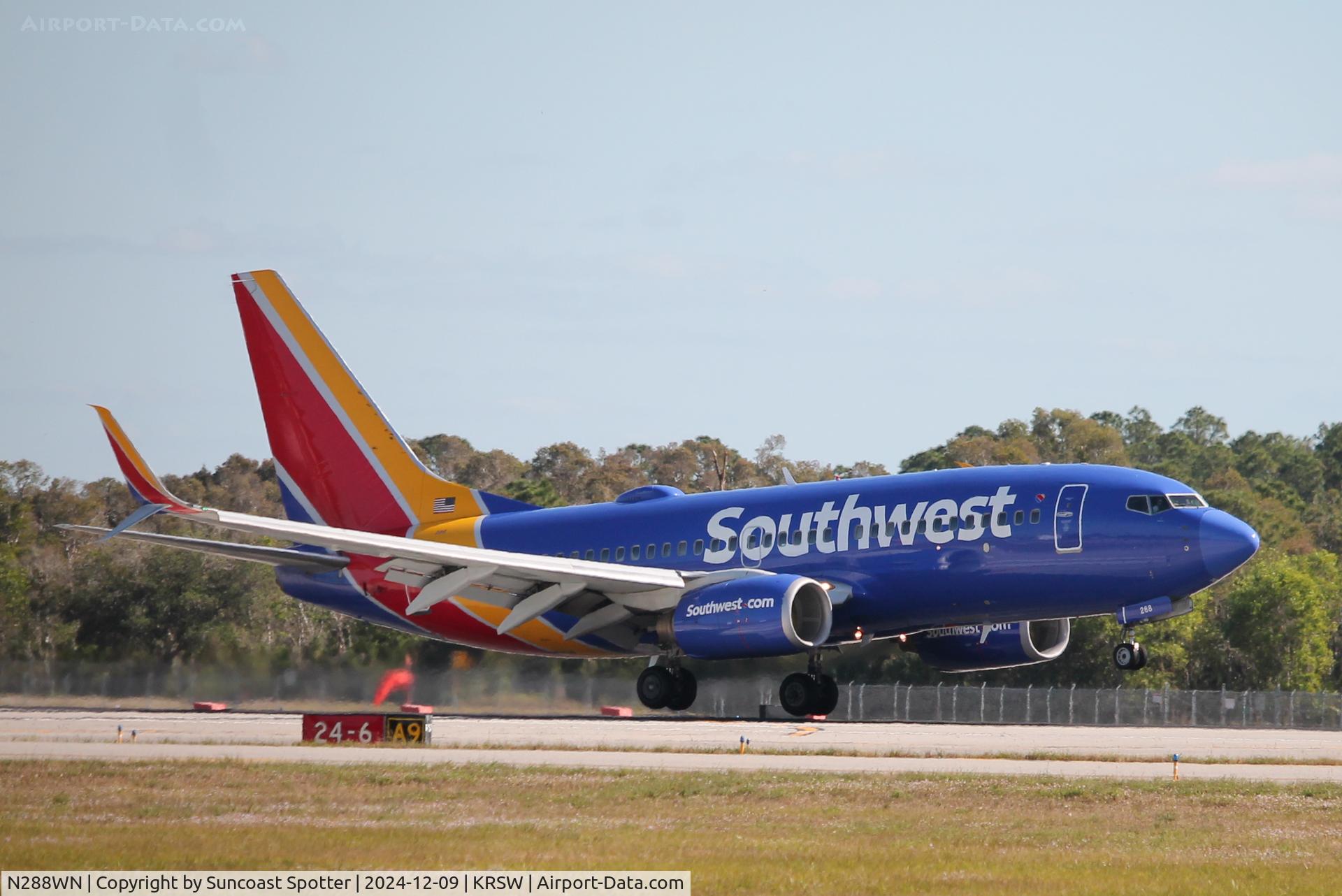 N288WN, 2007 Boeing 737-7H4 C/N 36611, Southwest Flight 399 arrives on Runway 24 at Southwest Florida International Airport following flight Baltimore-Washington International Airport