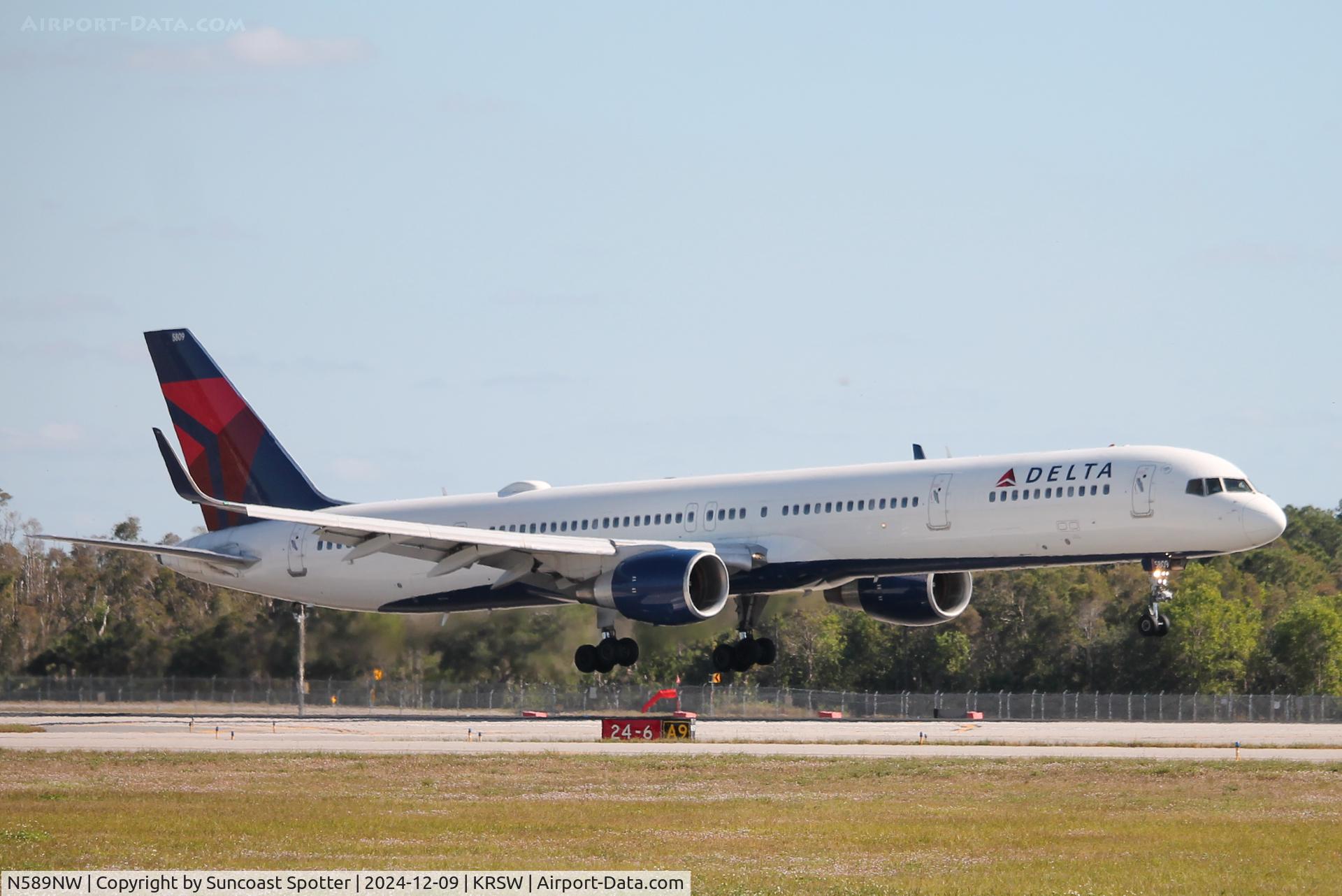 N589NW, 2003 Boeing 757-351 C/N 32989, Delta Flight 2226 arrives on Runway 24 at Southwest Florida International Airport following flight from Minneapolis-St Paul International Airport