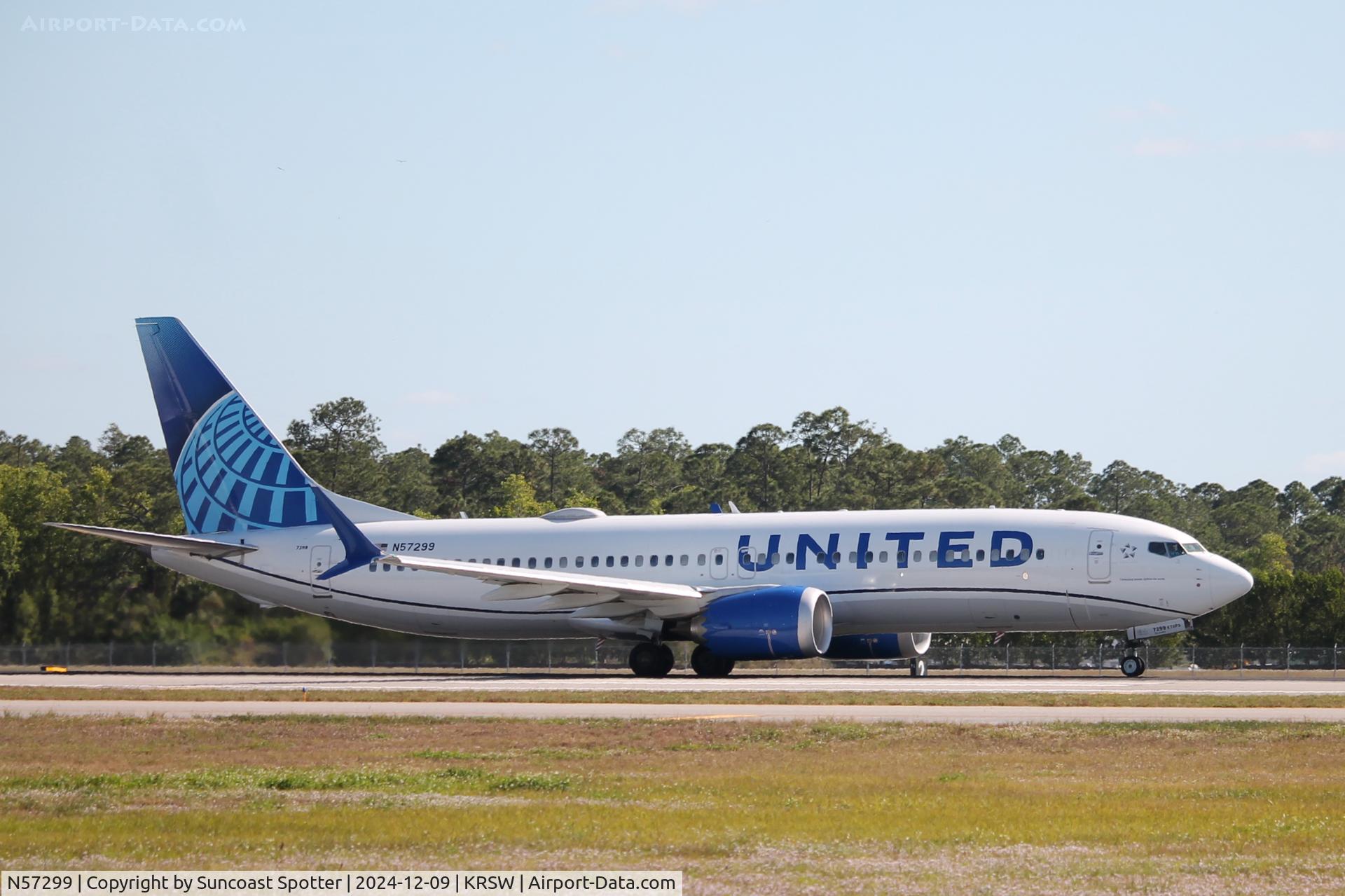 N57299, 2023 Boeing 737 MAX 8 C/N 67555, United Flight 2410 departs Runway 24 at Southwest Florida International Airport enroute to Newark-Liberty International Airport