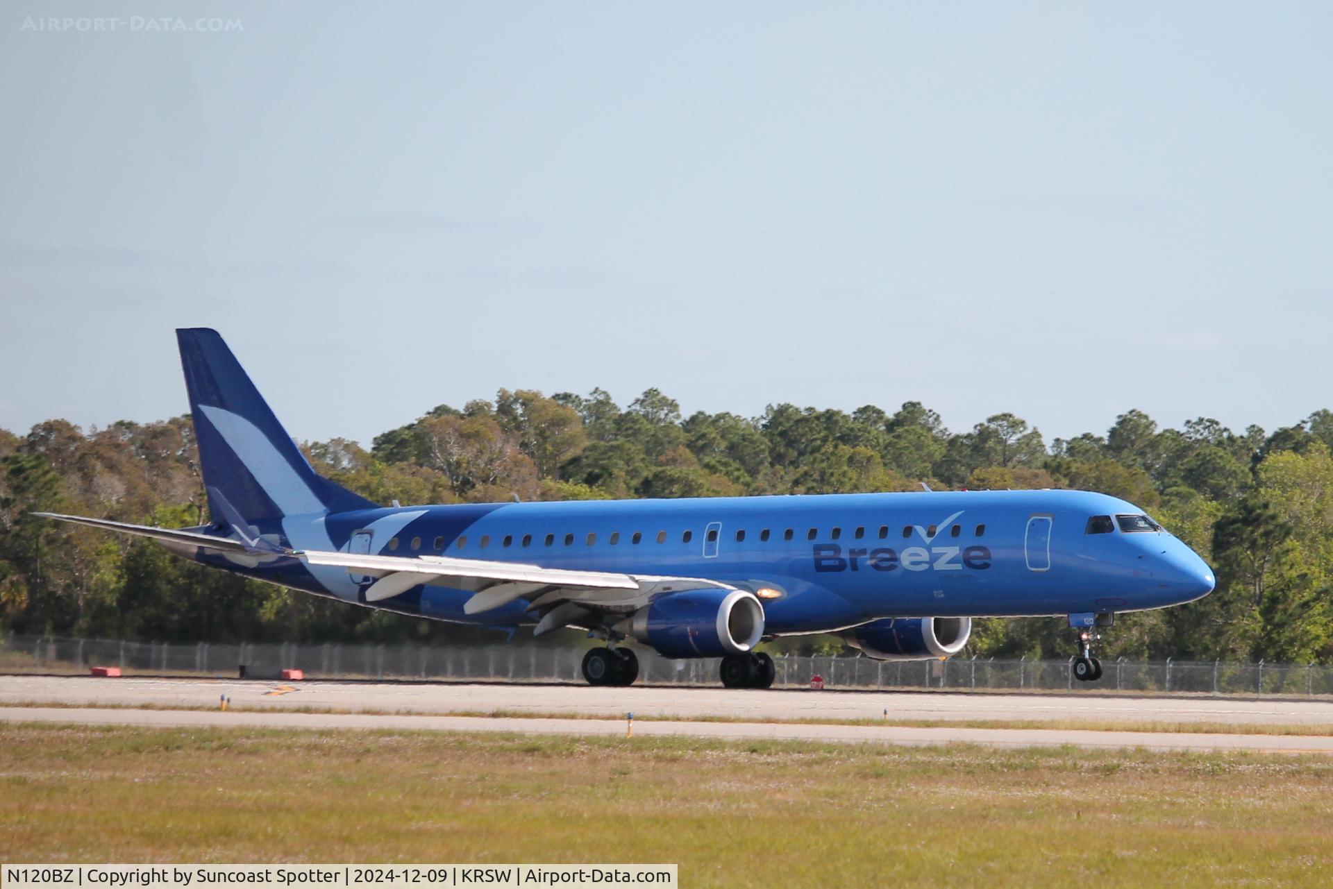 N120BZ, 2007 Embraer ERJ 190 C/N 19000115, Breeze Flight 316 arrives on Runway 24 at Southwest Florida International Airport following flight from New Orleans International Airport
