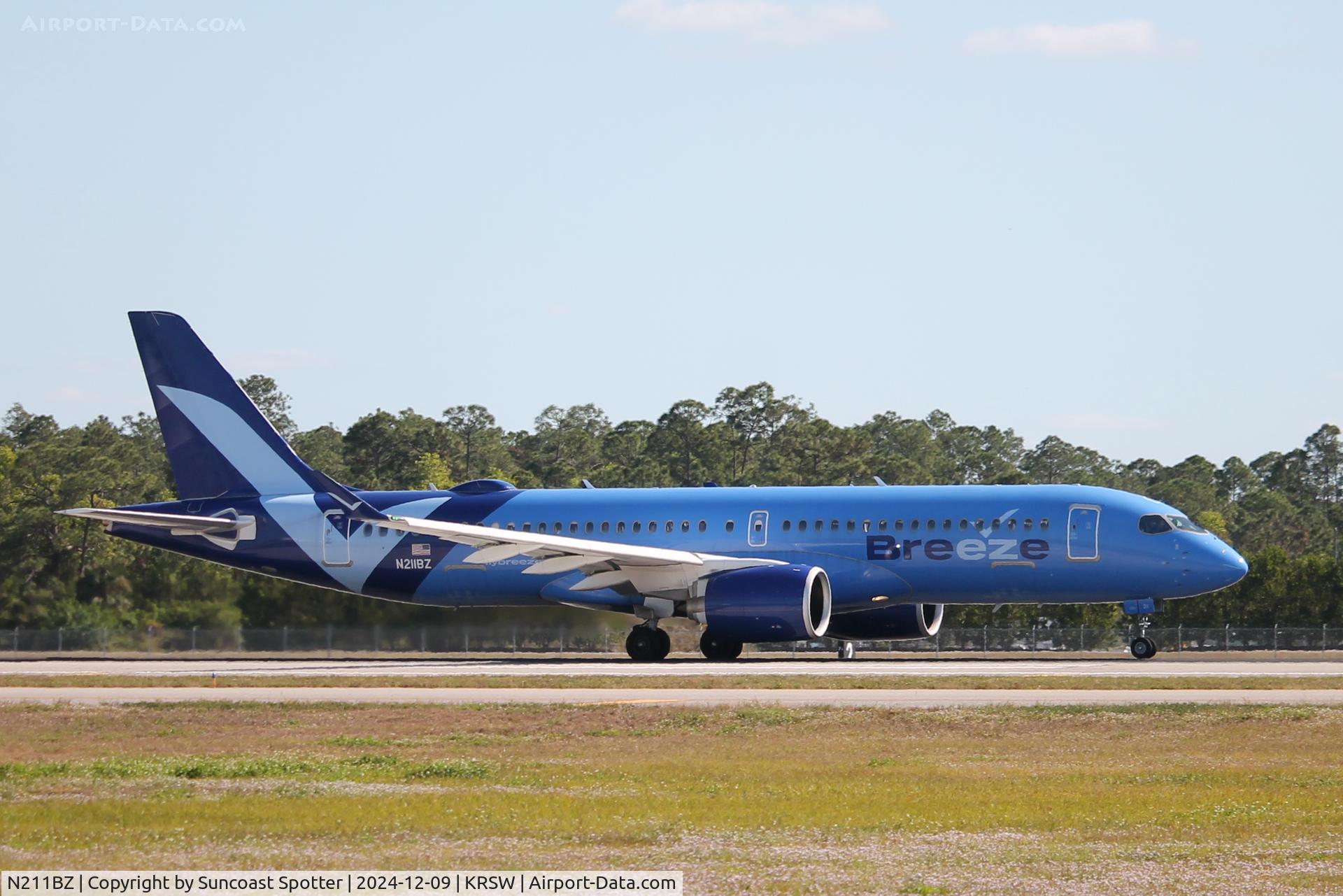 N211BZ, 2022 Airbus A220-300 C/N 55151, Breeze Flight 744 departs Runway 24 at Southwest Florida International Airport enroute to Raleigh-Durham International Airport