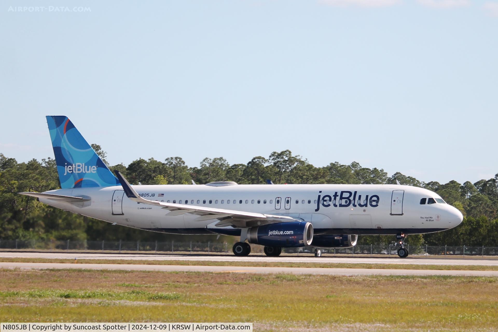 N805JB, 2012 Airbus A320-232 C/N 5148, JetBlue Flight 812 departs Runway 24 at Southwest Florida International Airport following flight from Newark-Liberty International Airport